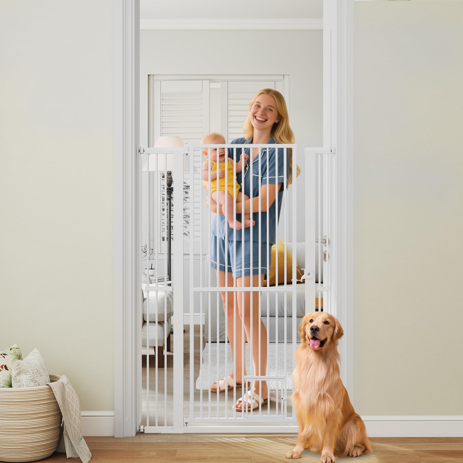 GYMAX extra hohes Haustiergitter, Türgitter Hunde mit Verriegelbarer Katzenklappe, 2 Verlängerungssets für 77-104 cm breite Öffnung, Hundegitter Wohnung ohne Bohren für Hunde, Katzen (150 cm)