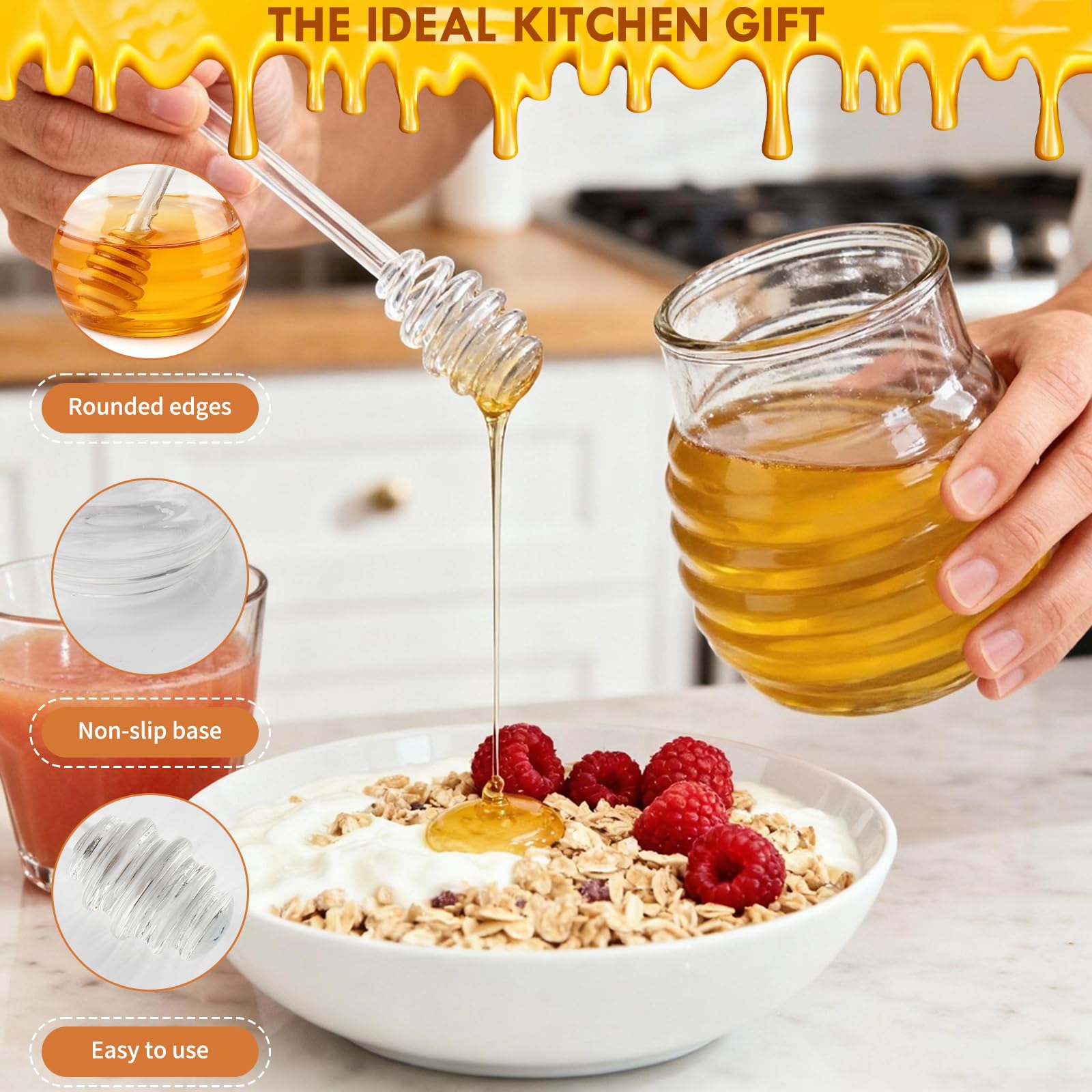 Dosatore Miele, 280 ml Dispenser Miele avec Cuillère à Verre, Porta Marmellata per Sciroppo di Acero, Arachidi, Ideale per Regali in Casa e in Cucina