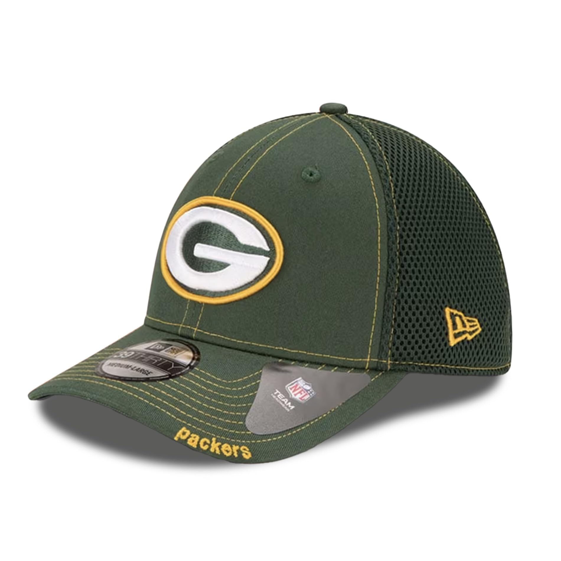 New Era Unisex-Adult NFL 39THIRTY Team Color Neo Primary Logo Stretch Fit Flex Football Cap Hat, Green Bay Packers, S/M