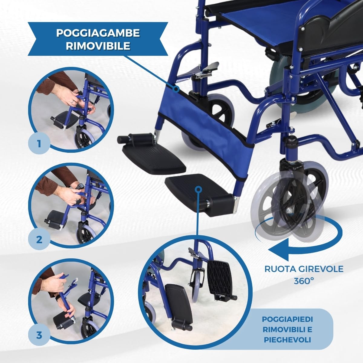 Mobiclinic®, Carrozzina pieghevole, Maestranza, Freni di stazionamento, Seduta da 45 cm, Pedane rimovibili, Braccioli pieghevoli e imbottiti, Ruote piccole, Robusta, Colore blu