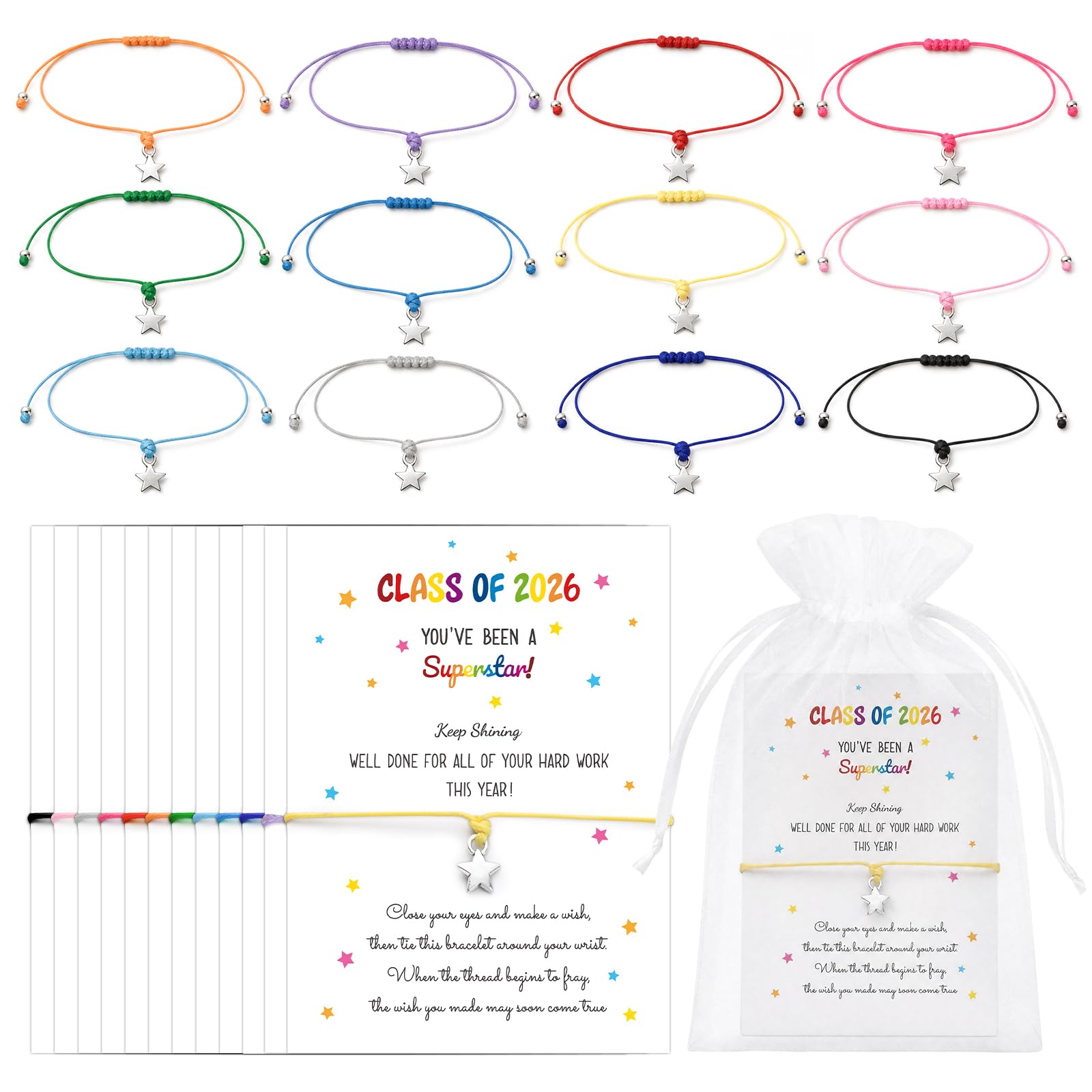 DOORIO 12 Pack Class of 2026 Gifts, Adjustable Star Charm Bracelets with Cards Graduation Party Favours 2026 Leavers End of School Gifts for Students from Teachers