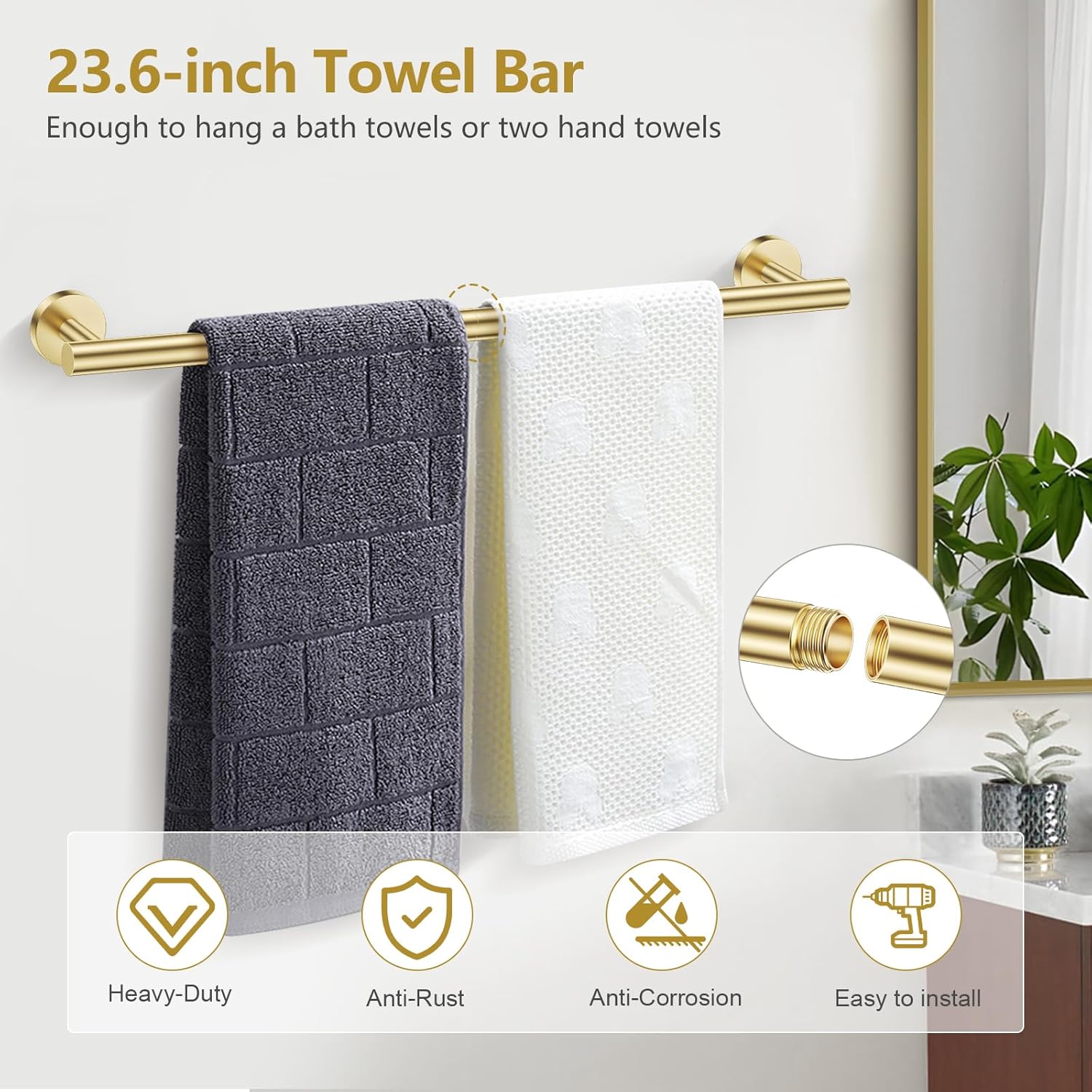 TQKAG 5 Piece Bathroom Towel Bar Holder Sets Brushed Gold Bathroom Hardware Set Stainless Steel Toilet Paper Holder with Shelf Bathroom Accessories Kit Wall Mounted - Image 2