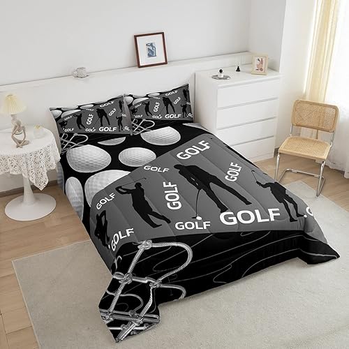 Miniatura 3 de Erosebridal Juego de ropa de cama de golf para niños, juego de edredón deportivo para niños, color gris y negro, ropa de cama de jugador de golf