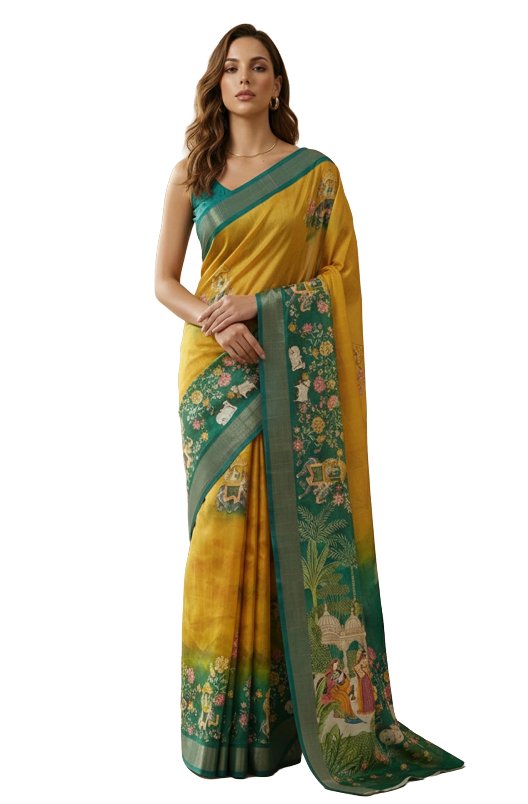 threadbox Women's Mustard Silk Blend Ethnic Motifs Printed Saree with Blouse Piece-picture-36