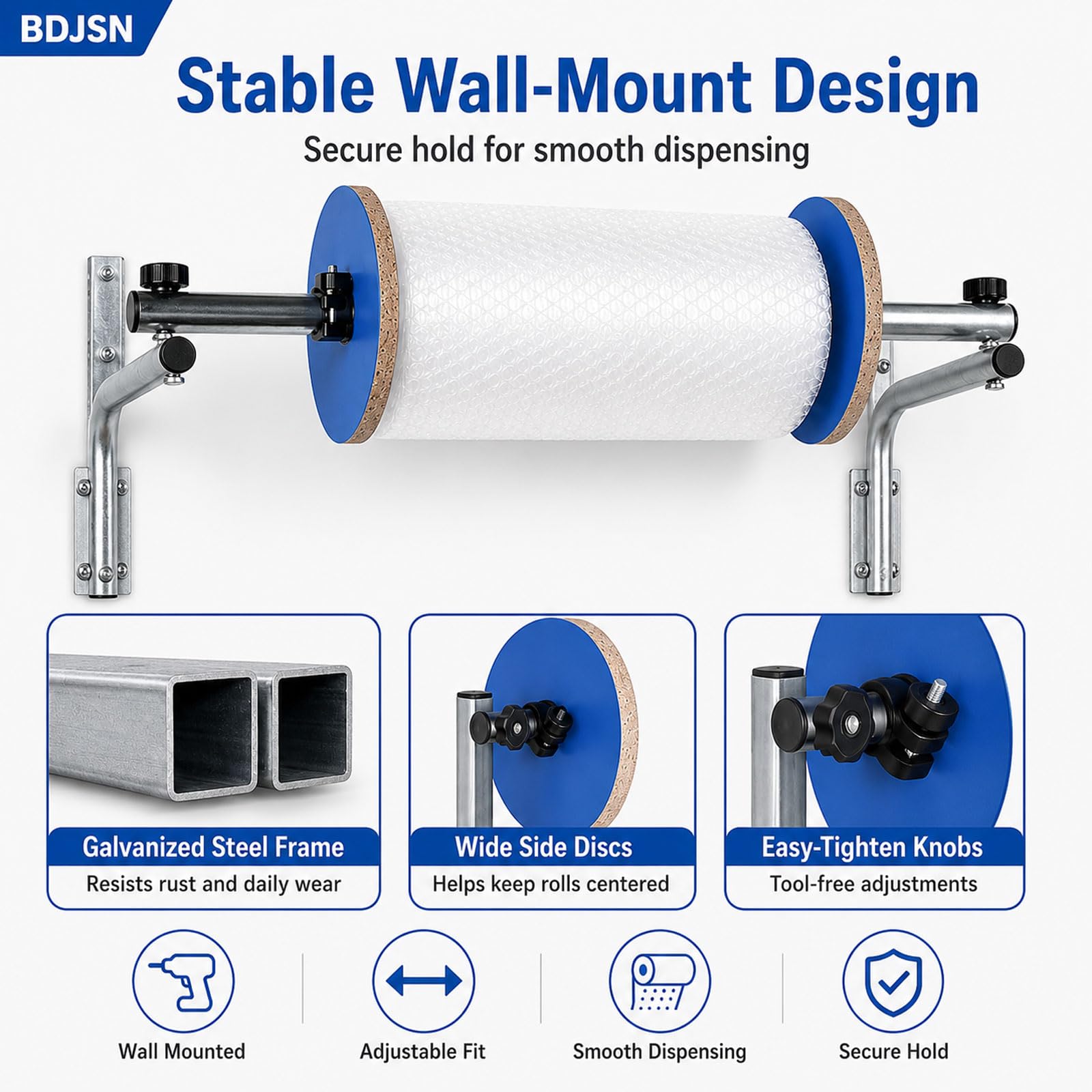 Dispenser per Rotolo di Pluriball, Supporto A Parete da 40 Cm, Telaio di Supporto in Acciaio Zincato Rinforzato per Film da Imballaggio, Ideale per Centri di Spedizione, Magazzini, Traslochi E