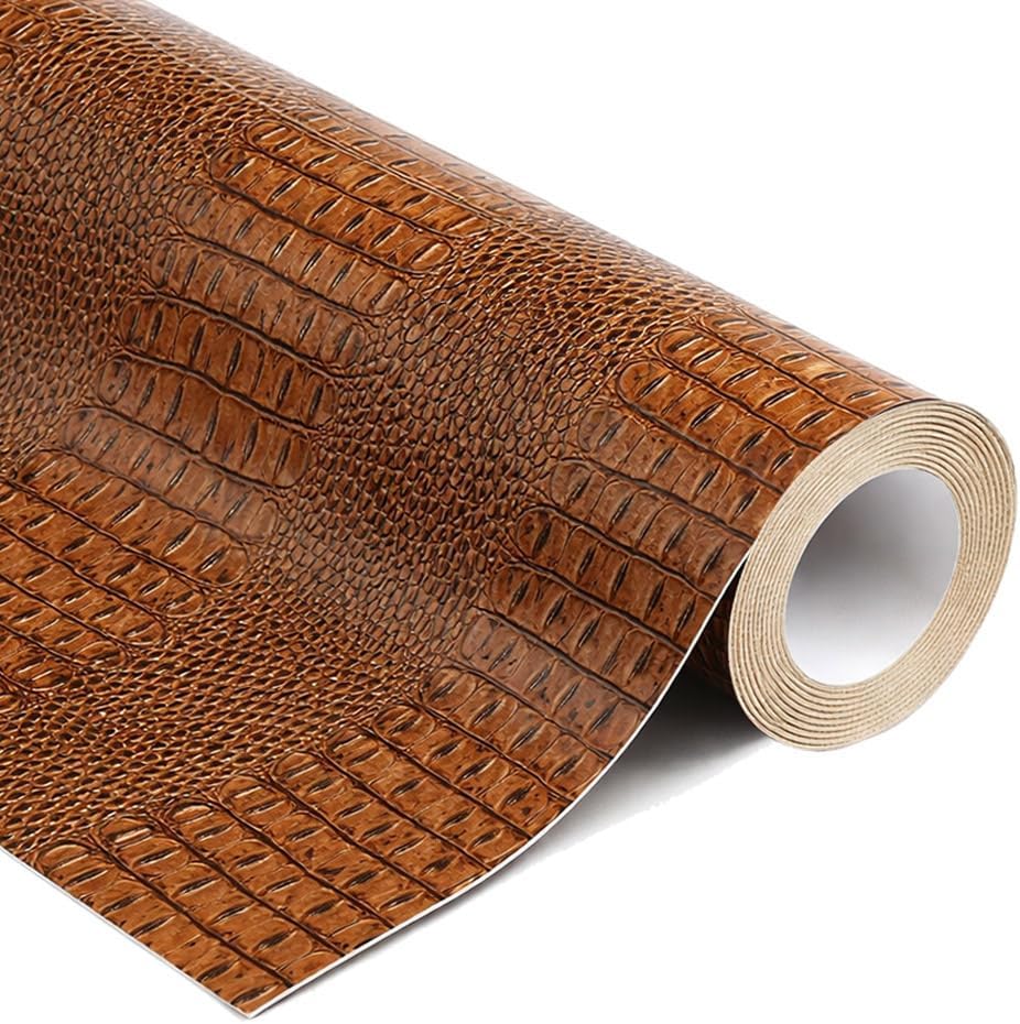 Brown Faux Leather Look with Subtle Linen Texture Peel and Stick Wallpaper Removable Thick Self Adhesive Flat Printed Wall Covering for Living Room Bedroom Office 17.7" x 118"