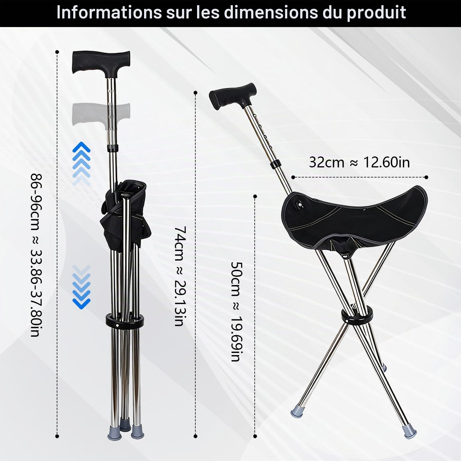 Canne de marche avec siège, 80–90 cm réglable en hauteur, alarme Bluetooth, pliable et légère, Cane-Hocker-Dualuse, capacité de charge 150 kg, idéale pour la randonnée, le camping et les activités de