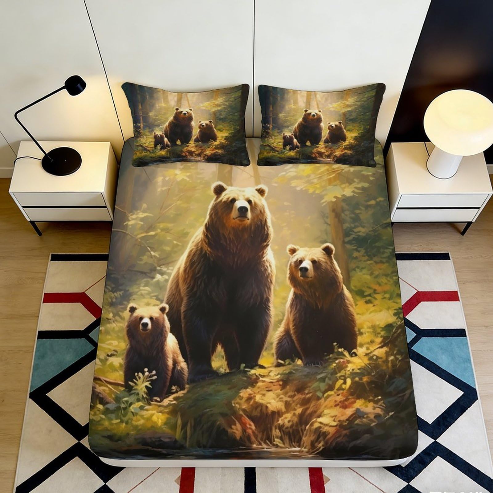 Pnayamiorkfel Style-8 3D Printed Forest Bear Family Fitted Sheet Microfiber Soft Anti-Slip Bed Cover For Bedroom Guest Room Decor 90X200x25cm