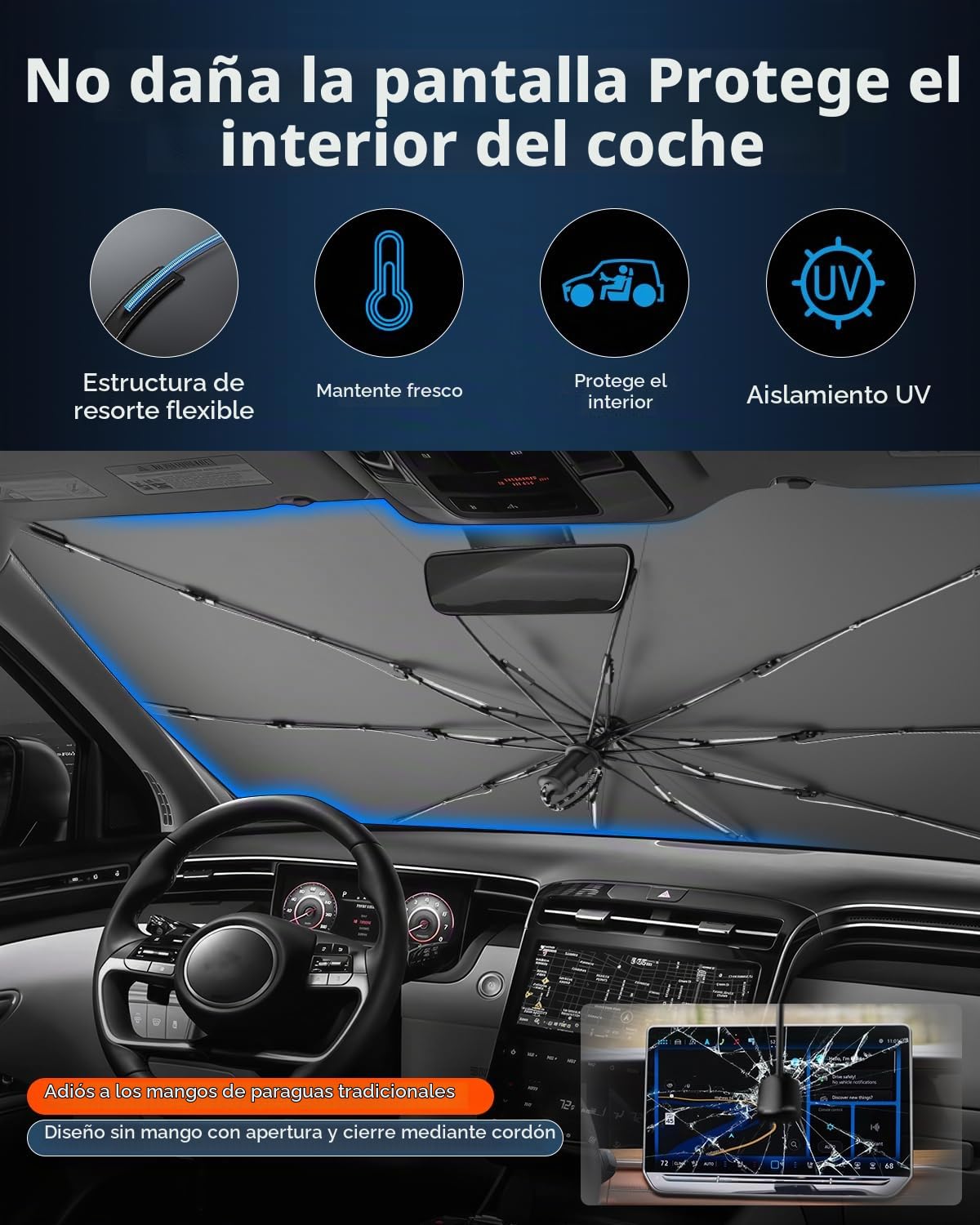 Ruiya 2026 Upgrade Parasol Coche Delantero Compatible con Hyundai Tucson 2016-2026, Paraguas Plegable Aislamiento Térmico, Protección UV, Accesorios para Parabrisas