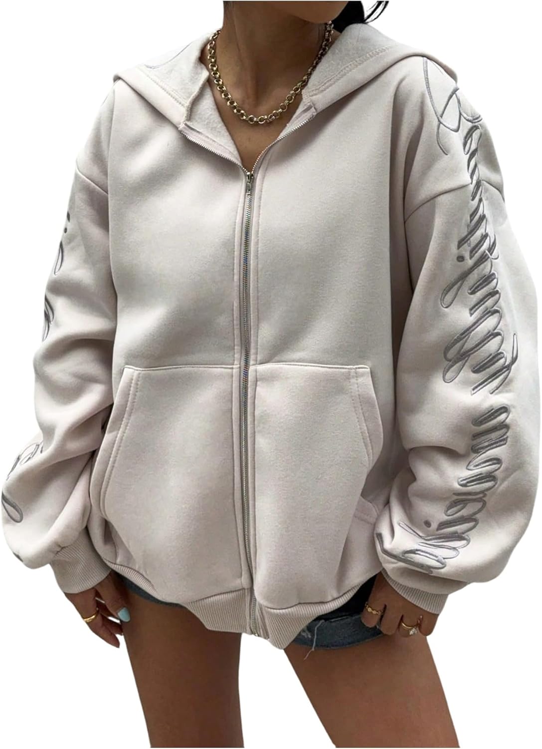 Milumia Women's Letter Print Zip Up Hoodies Long Sleeve Drop Shoulder Loose Sweatshirts with Pockets