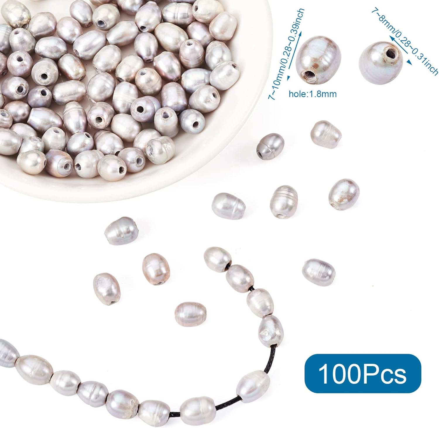 100pcs Pearl Beads Freshwater Pearl Beads 7-8mm Large Hole Pearl Bead Natural Oval Gray Pearls Bead for Jewellery Necklaces Bracelets Making DIY Crafts Hole: 1.8mm - Image 2