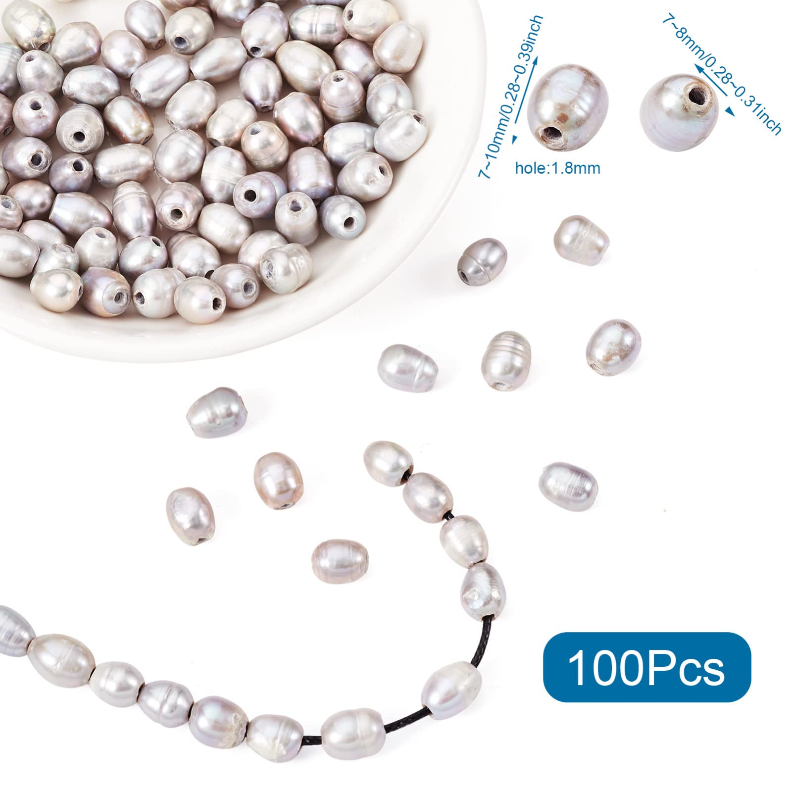 Beadthoven 100pcs 7-10mm Natural Cultured Freshwater Pearl 1.8mm Large Hole Rice Oval Pearl Beads for DIY Necklace Bracelets Beading Jewelry Crafts Making - Image 3