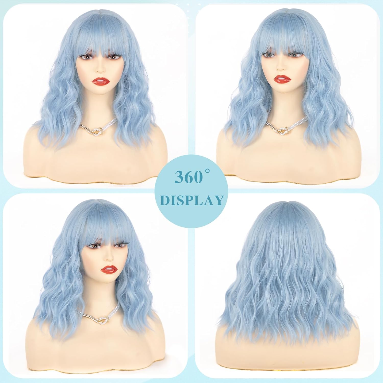 NAYOO Light Blue Bob Wig with Bangs, 14 Inch Short Blue Wig for Women, Shoulder Length Light Blue Wavy Bob Wig with Bangs, Glueless Blue Short Bob Wig for Women, Girls' Cosplay Wig Halloween Wig