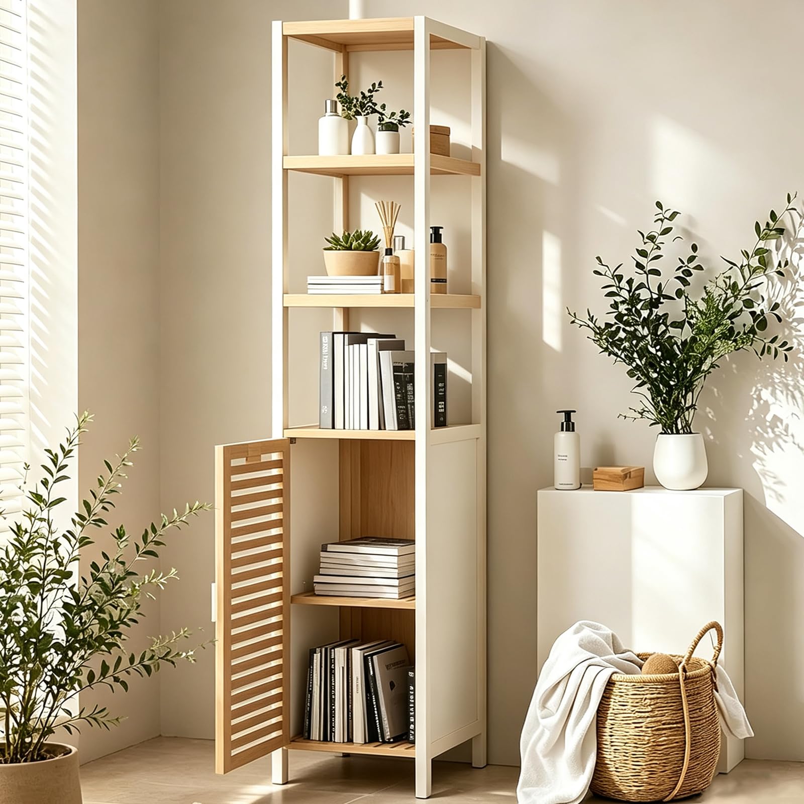 Badezimmerhochschrank, Badregal Bambus, Handtuch Schrank, Badschrank Schmal Hoch mit 1 Tür, Bathroom Storage Cabinet, Toilettenschrank für Badezimmer, Flur, Küche, Wohnzimmer