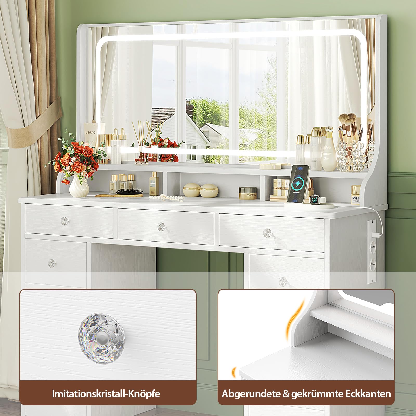 Dripex Coiffeuse avec éclairage, Coiffeuse Moderne avec 11 tiroirs, Grand Miroir LED de 110 cm et Prise électrique, luminosité réglable, pour Chambre à Coucher et Dressing, Blanc