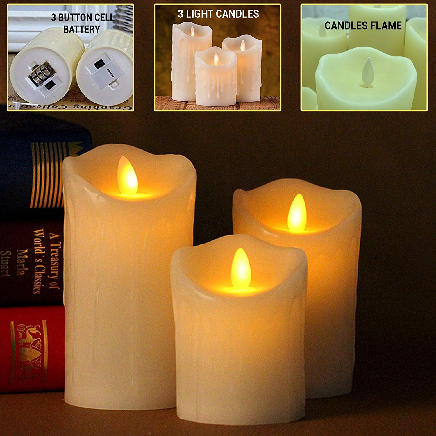MVM Enterprise(3 PC) Wireless Realistic Swinging Flame-Less LED Candles with 9 Batteries Included (H= 8 x 10 x 12 cm; D= 5 cm)