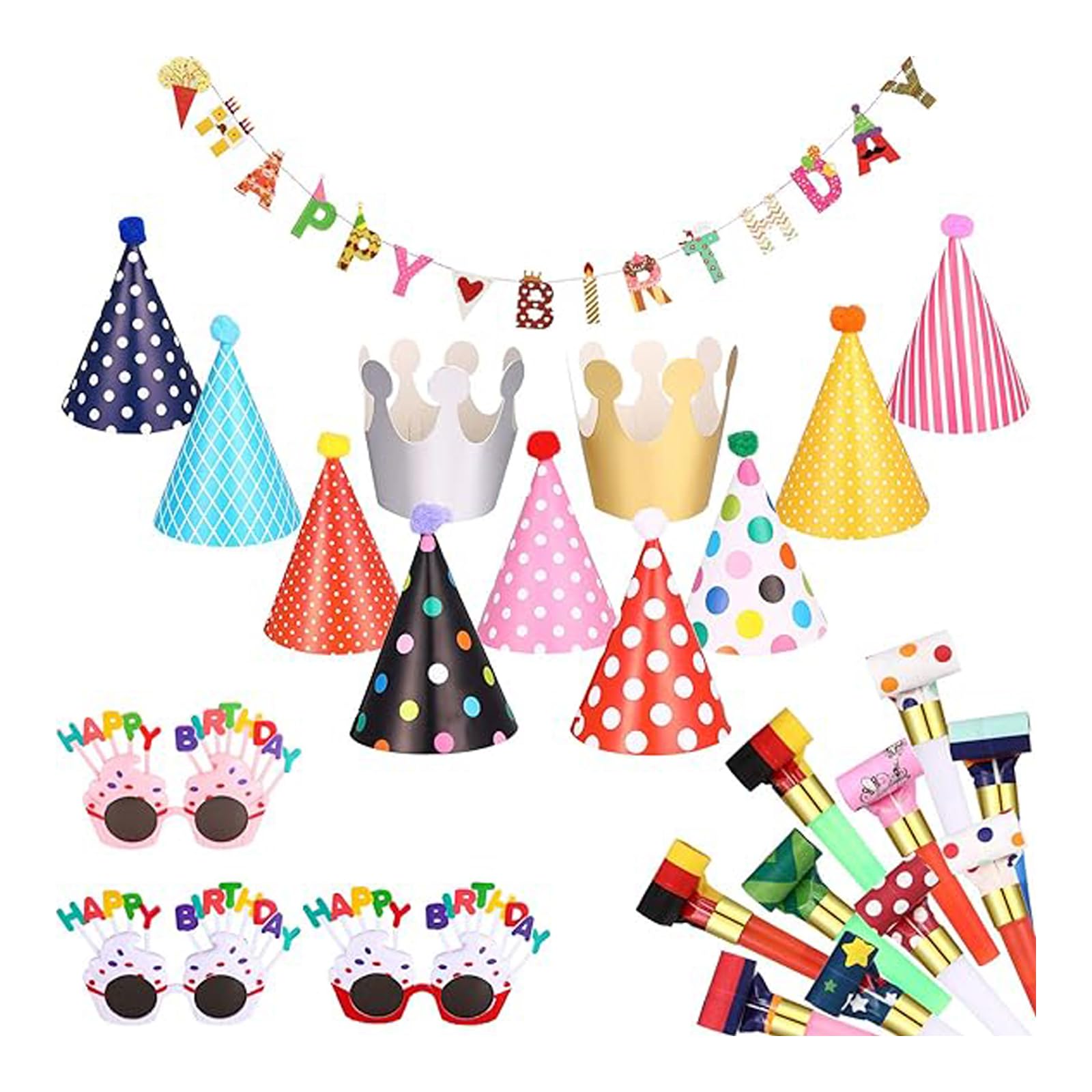 Tazweeq 25Pcs Hats Set, Kids Birthday Party Hat Set, Includes 1 colorful Happy Birthday Banner 3 Glasses 10 Birthday Whistles 11 Cute Birthday Party Cone Hats for Birthday Party Decorations
