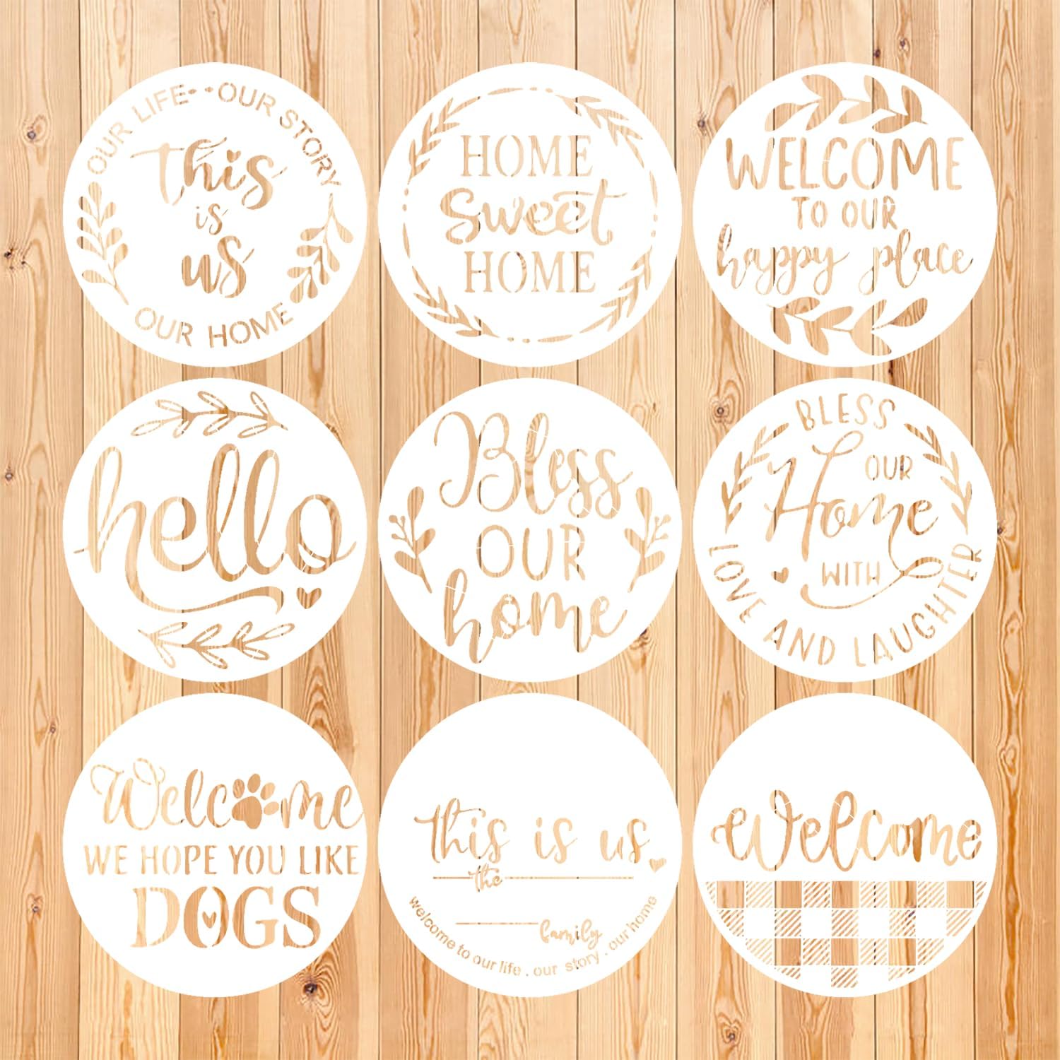 Letters Stencils, Reusable Stencils for Painting on Wood 12" Round Welcome Letters Stencils Templates Plastic Farmhouse Paint Stencils for Wood Door Hanger Sign Canvas Crafts