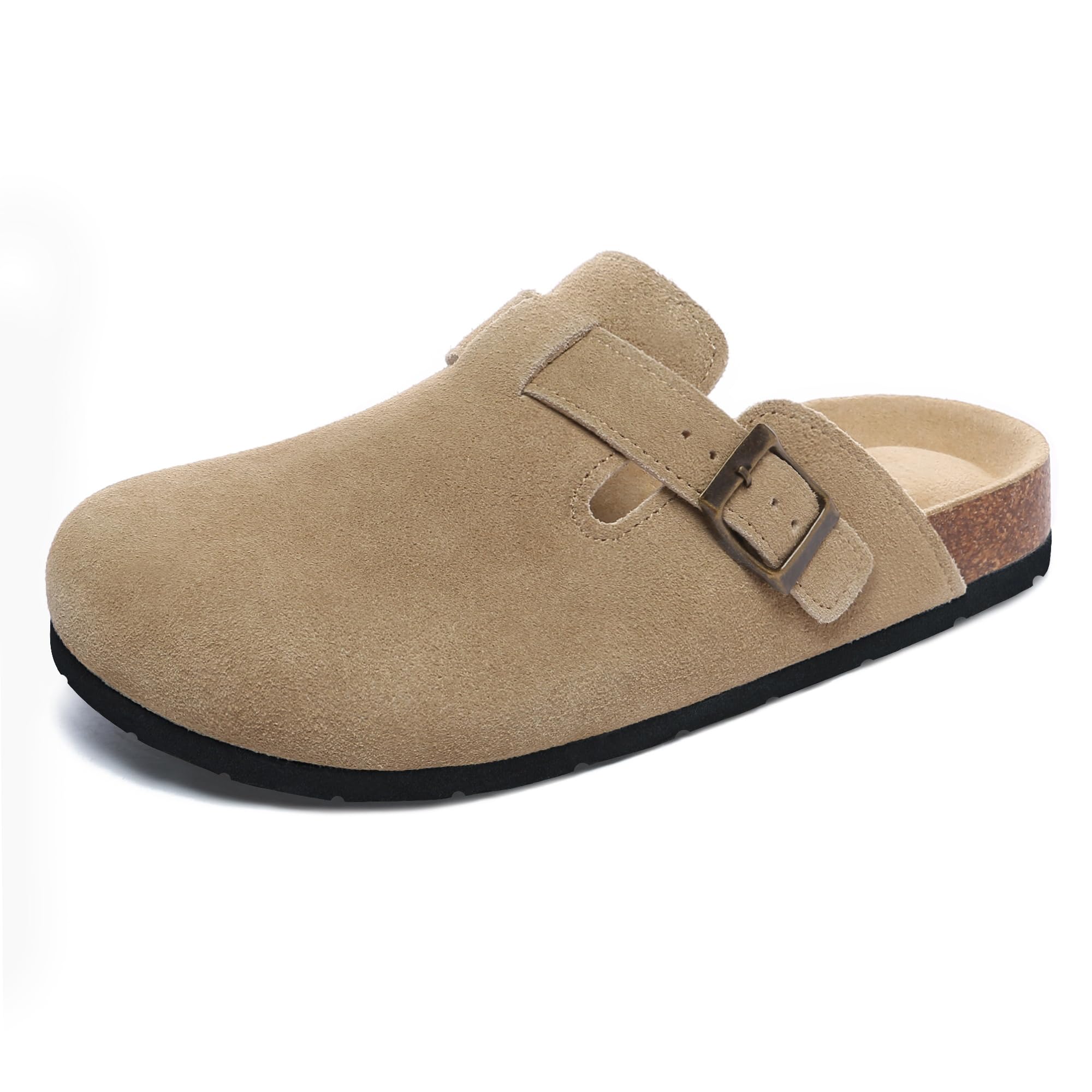 Women's Suede Leather Clogs Slip on Comfortable Home Mules Khaki Clogs Shoes with Arch Support Size 8