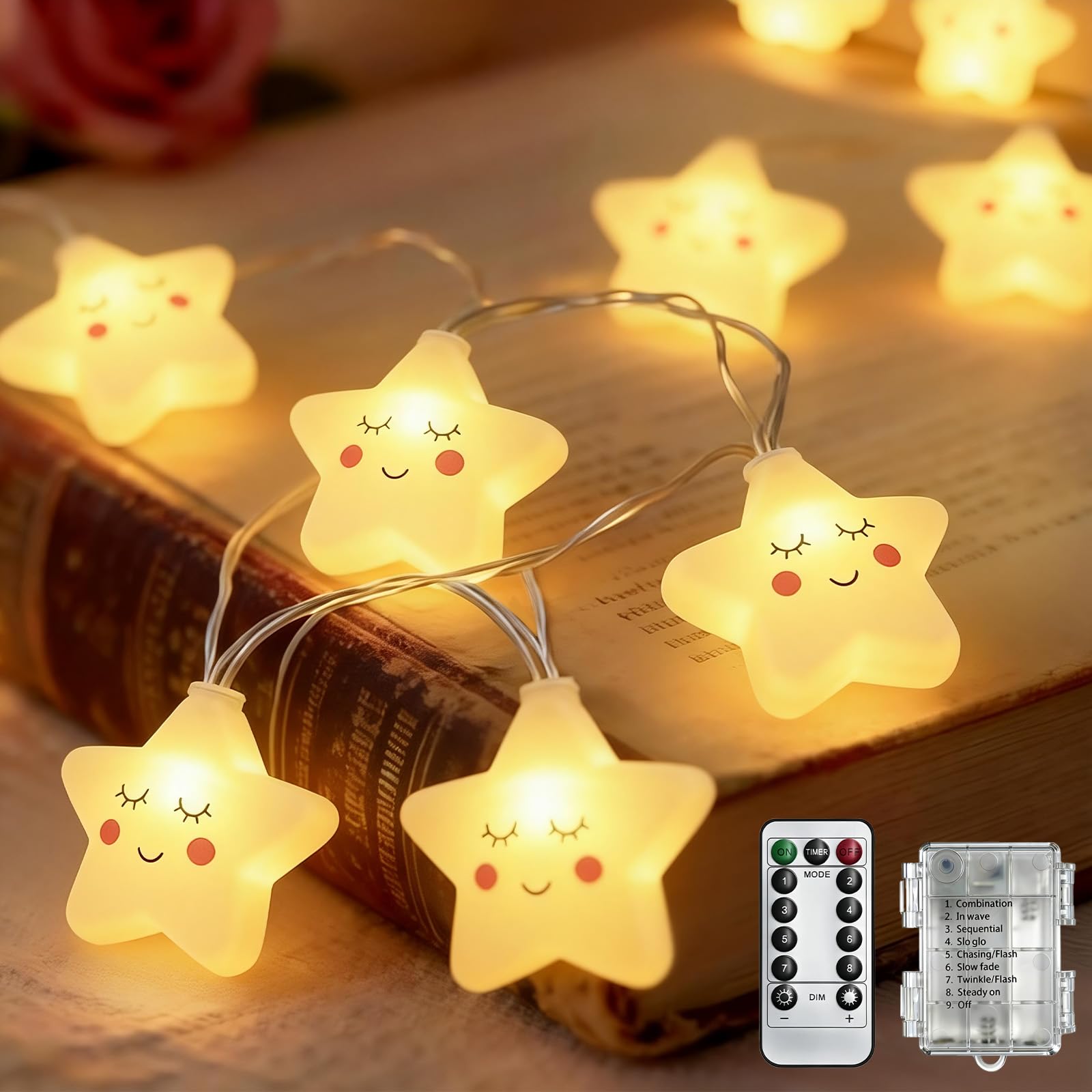 ZCLIKEU Sterne Lichterkette Batterie, 3 m 20 LEDs Lichterkette Kinderzimmer Warmweiß 8 Modi Mit Timer Fernbedienung, IP44 Wasserdicht Lichterketten Für Kinderwagen Kindergeschenke Ramadan Deko