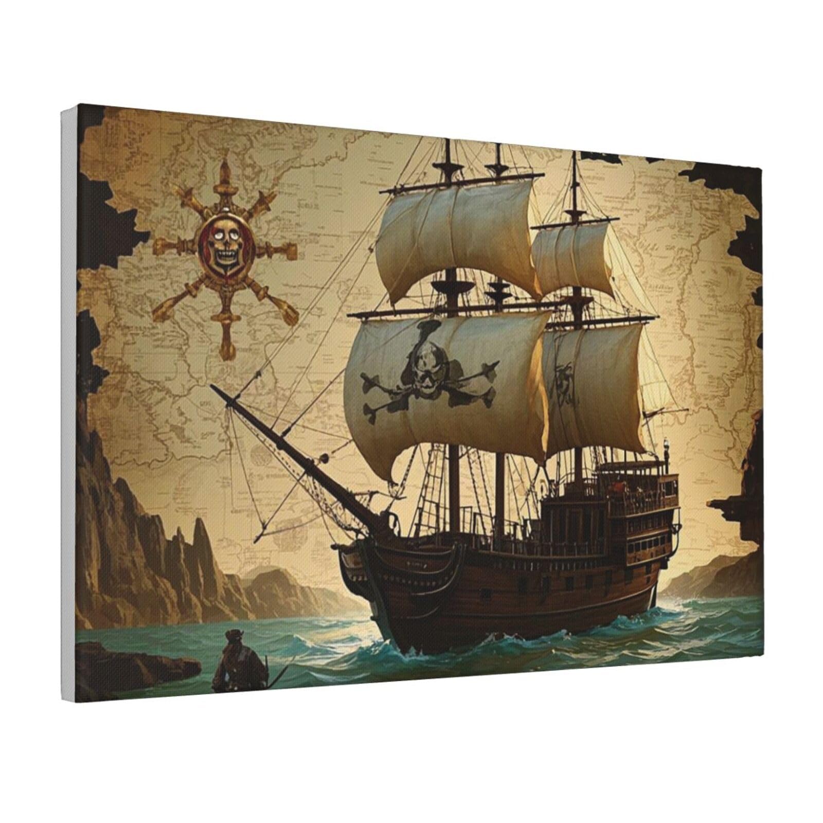 Framed Wall Art for Living Room Art Work, Vintage Map Pirate Ship Picture Prints Modern Office Wall Paintings Poster Aesthetic Wall Decorations for Home Decor Ready To Hang 8"x12"