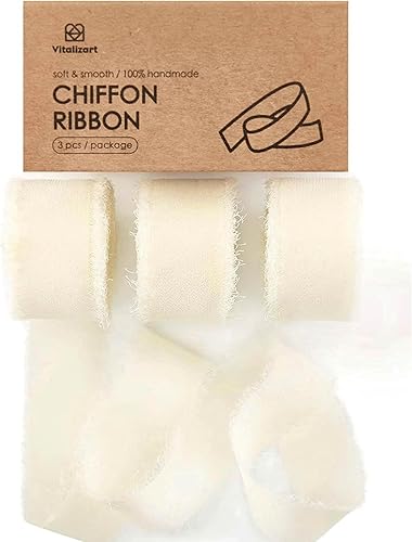 Vitalizart Cinta de seda de gasa blanca marfil de 1 pulgada x 21 yardas, paquete de tela con flecos (3 rollos x 7 yardas) para invitaciones de boda,