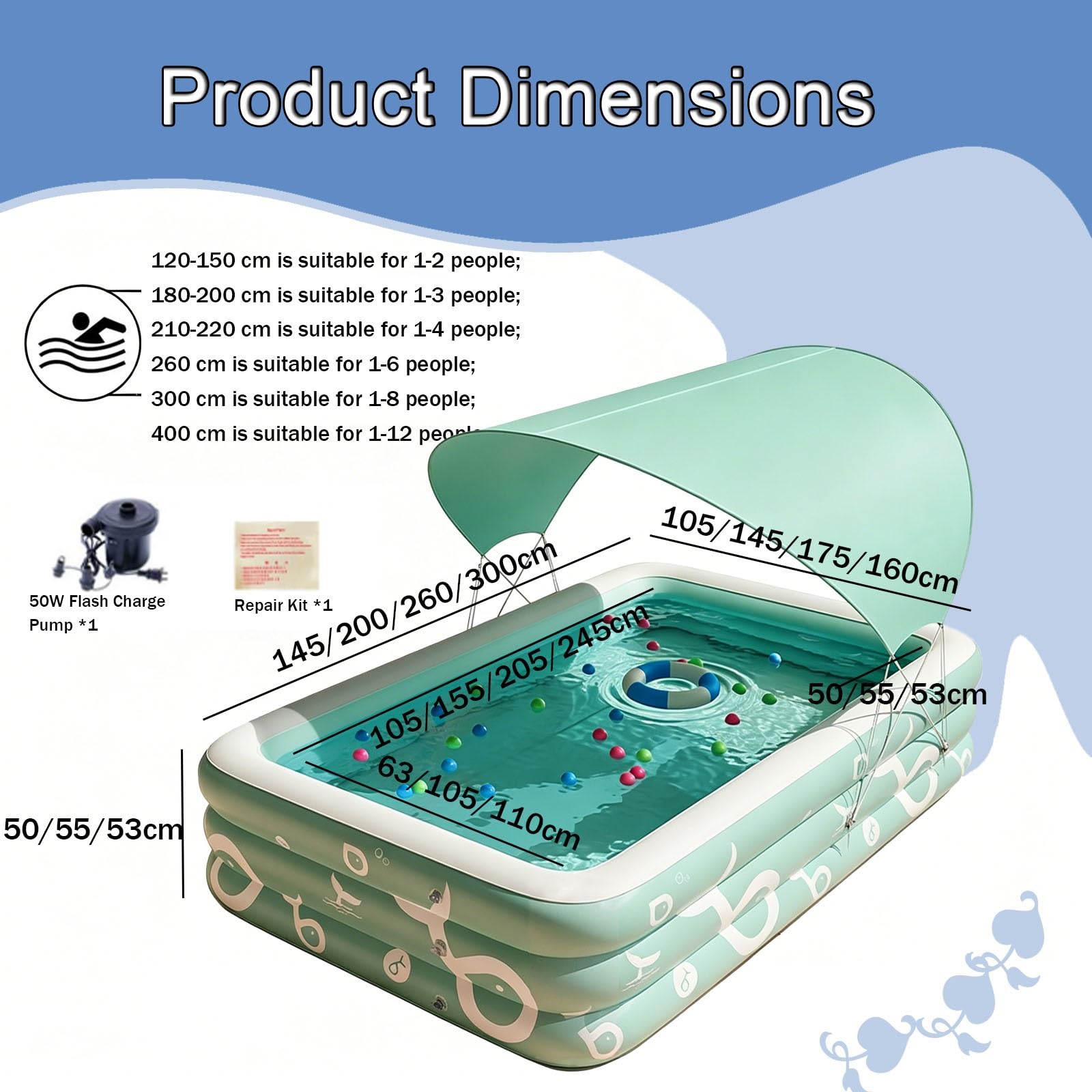 Piscines Gonflables Piscines Gonflables Familiales pour Adultes avec Auvent pour Jardin Et Terrasse(260 * 175 * 55cm)