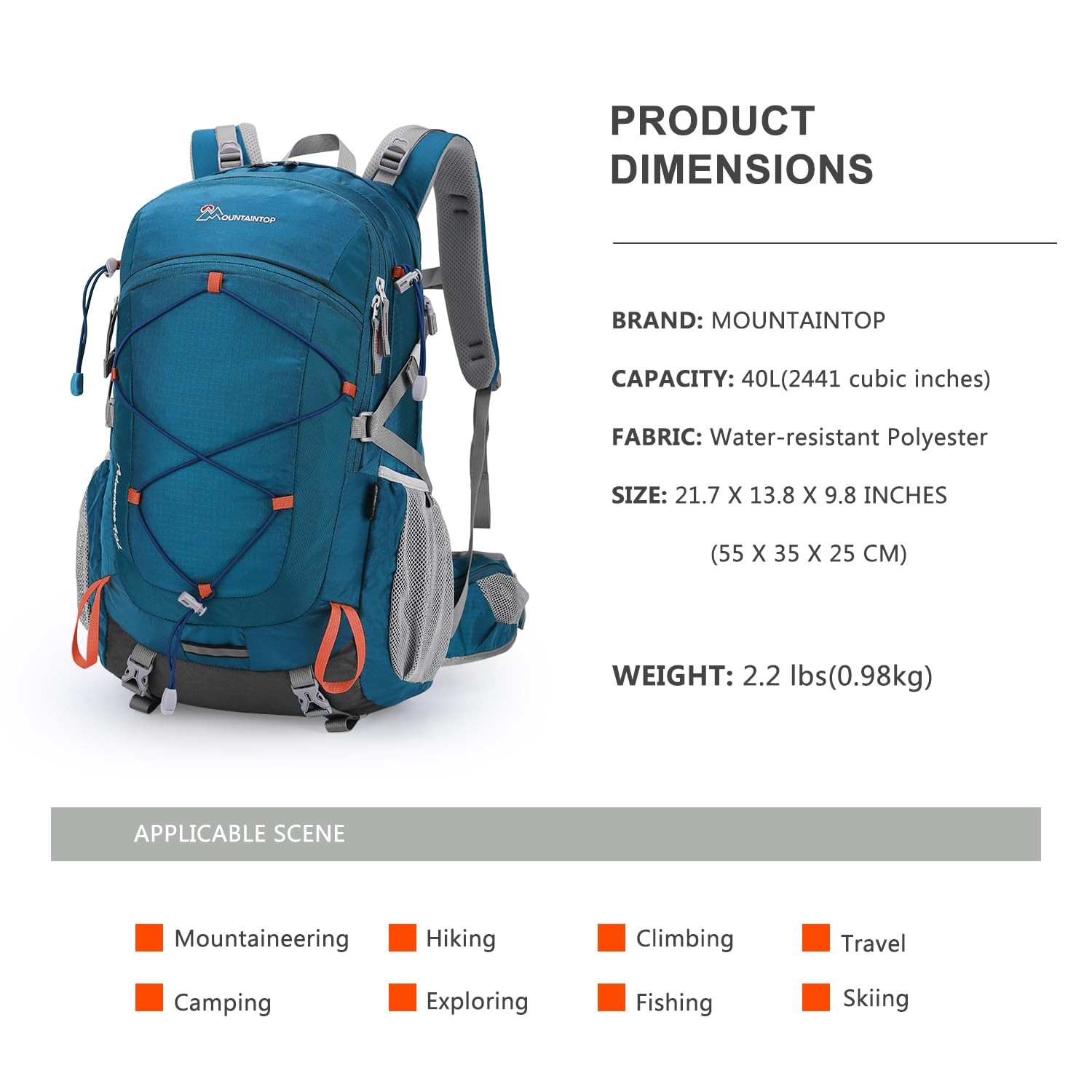Mountaintop Zaino da trekking da 25 l/40 l, unisex, per escursioni, 40 l, blu mare, 40 L | Zaino da trekking YKK, con protezione antipioggia, per campeggio, viaggi