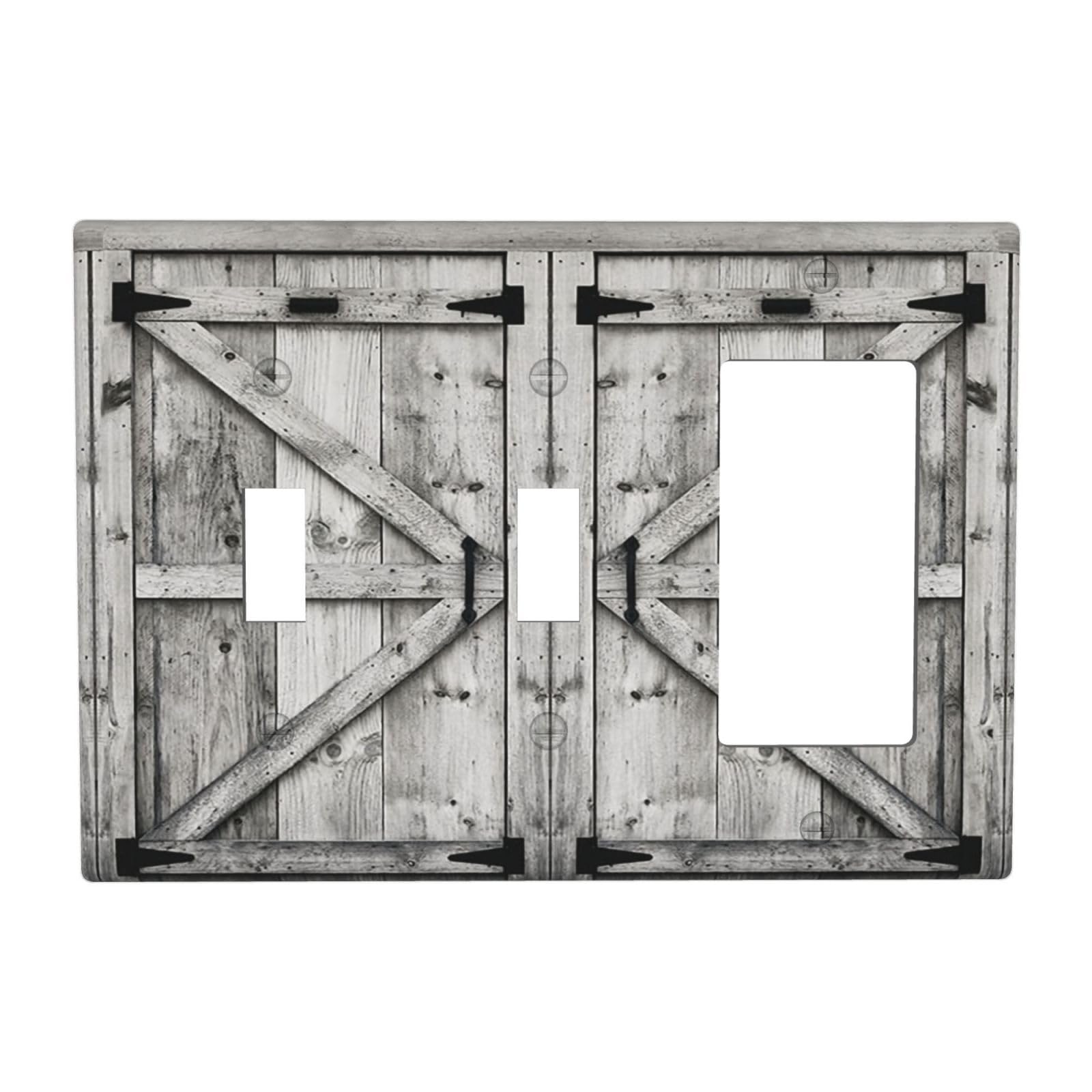 Farm Western Grey Barn Cabin Door 3 Gang 2 Toggle 1 Decorator/GFCI Combination Light Switch Cover Decorative Triple Combo Switch Face Wall Plate Room Decor