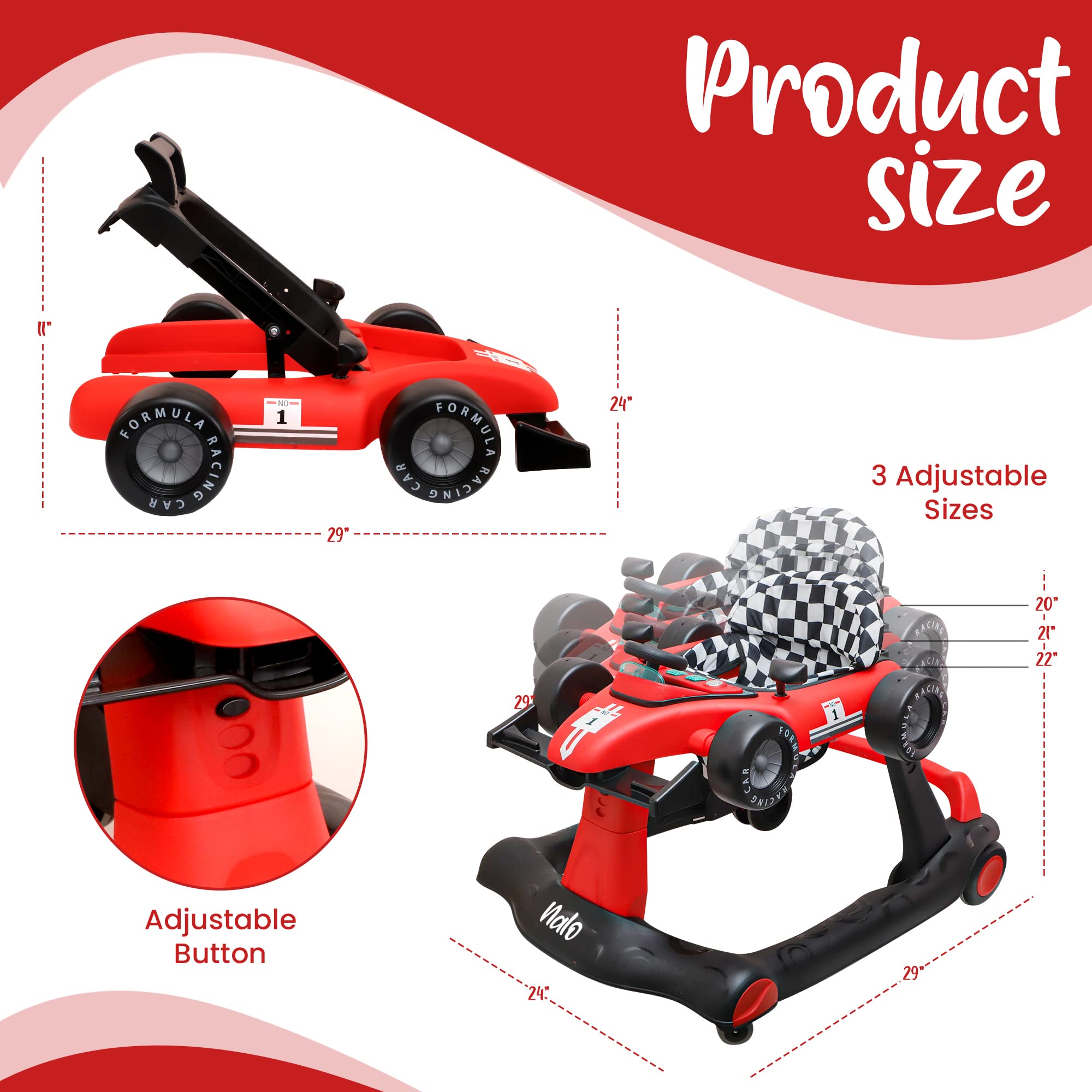 NALO 4-in-1 Baby Walker, Foldable Activity Walker 3 Adjustable Height & Speed, Comfy Padded Seat, Lights & Music, Fun Toddler Push Car, Walker with Wheels, Baby Standing Toy for Boys Girls 6-36 Month