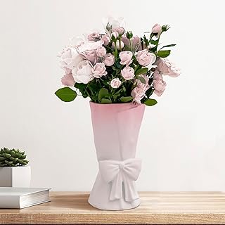 Pink White Ceramic Bow Vase 9.64 in Unique Cute Modern Decorative Bouque...