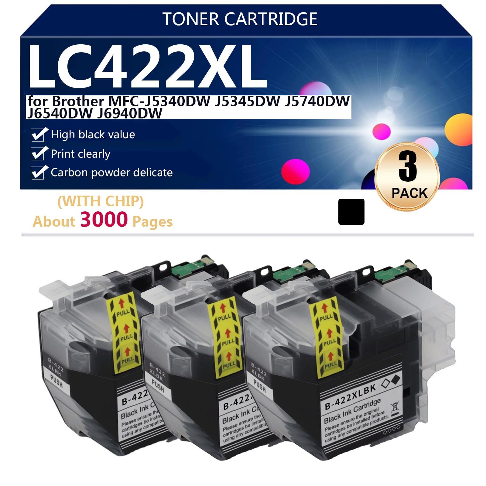 LC422XL Cartuchos de Tinta Compatibles LC422XLBK/C/M/Y per Brother MFC-J5340DW J5345DW J5740DW J6540DW J6940DW Impresoras, Transparentes y Duraderos,3*Black