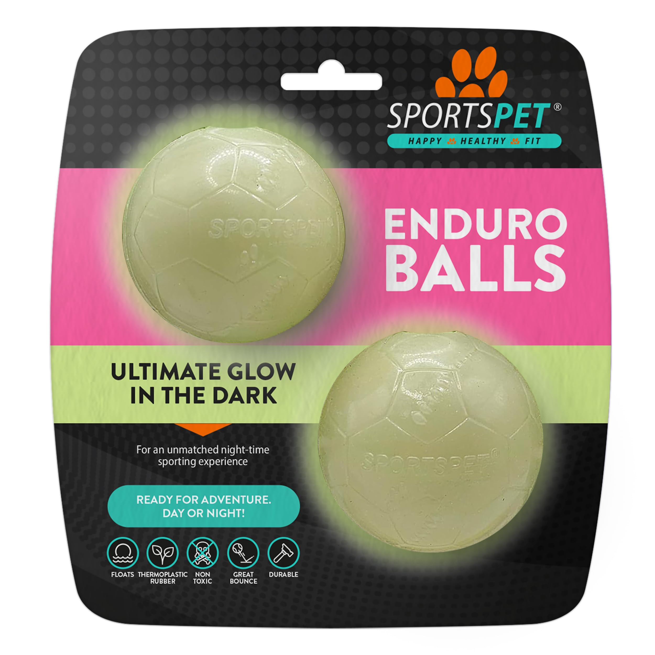 SPORTSPET Football Bounce Natural Rubber Dog Balls - Ultimate Glow in the Dark Dog Ball - Floating Throw and Fetch Toy Ball for Dogs - Pack of 2 (64mm)
