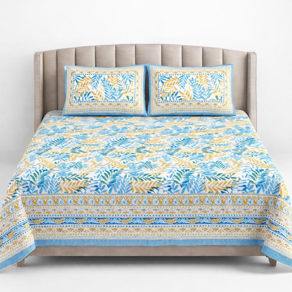 ElanorHomes 240 TC Jaipuri Cotton King Size Bedsheet (90x108 Inches) with 2 Pillow Covers | Handblock Floral Print | Soft, Breathable & Cooling Bed Sheet for Double Bed (Blue Leaf)