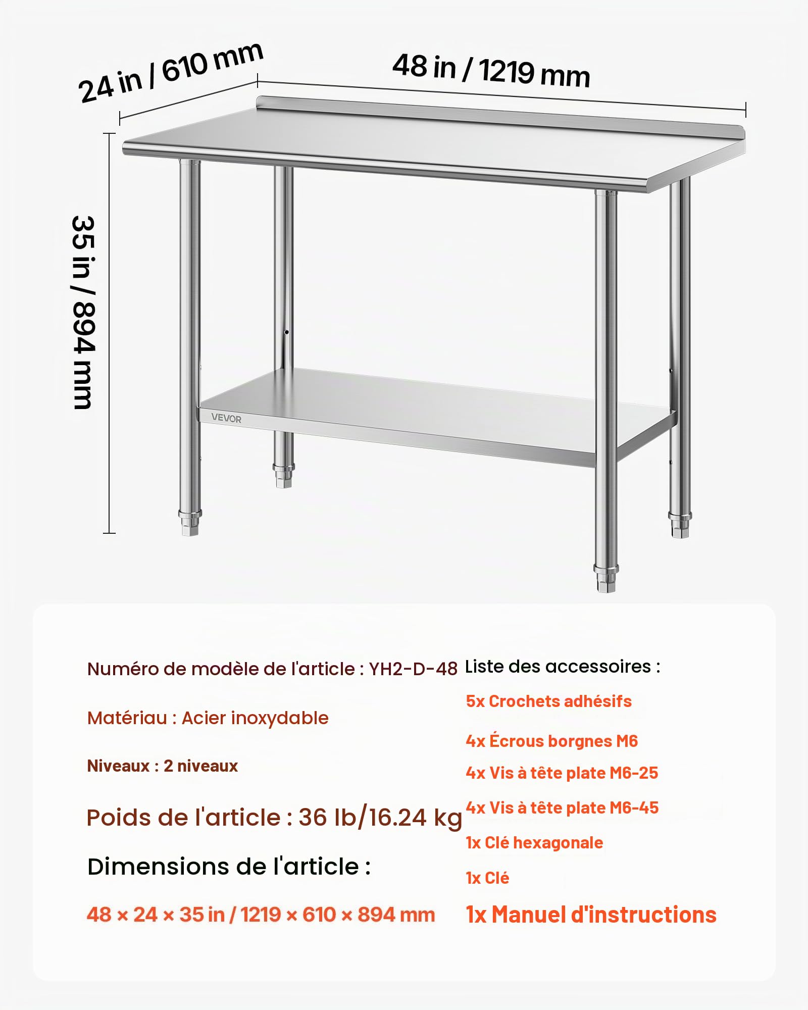 VEVOR Professional Kitchen Work Table, Stainless Steel Central Table 48 x 24 in 2 Levels, for Preparing CHR Cafe Hotel Restaurant Bakery, Stainless Steel Workstation with Backsplash