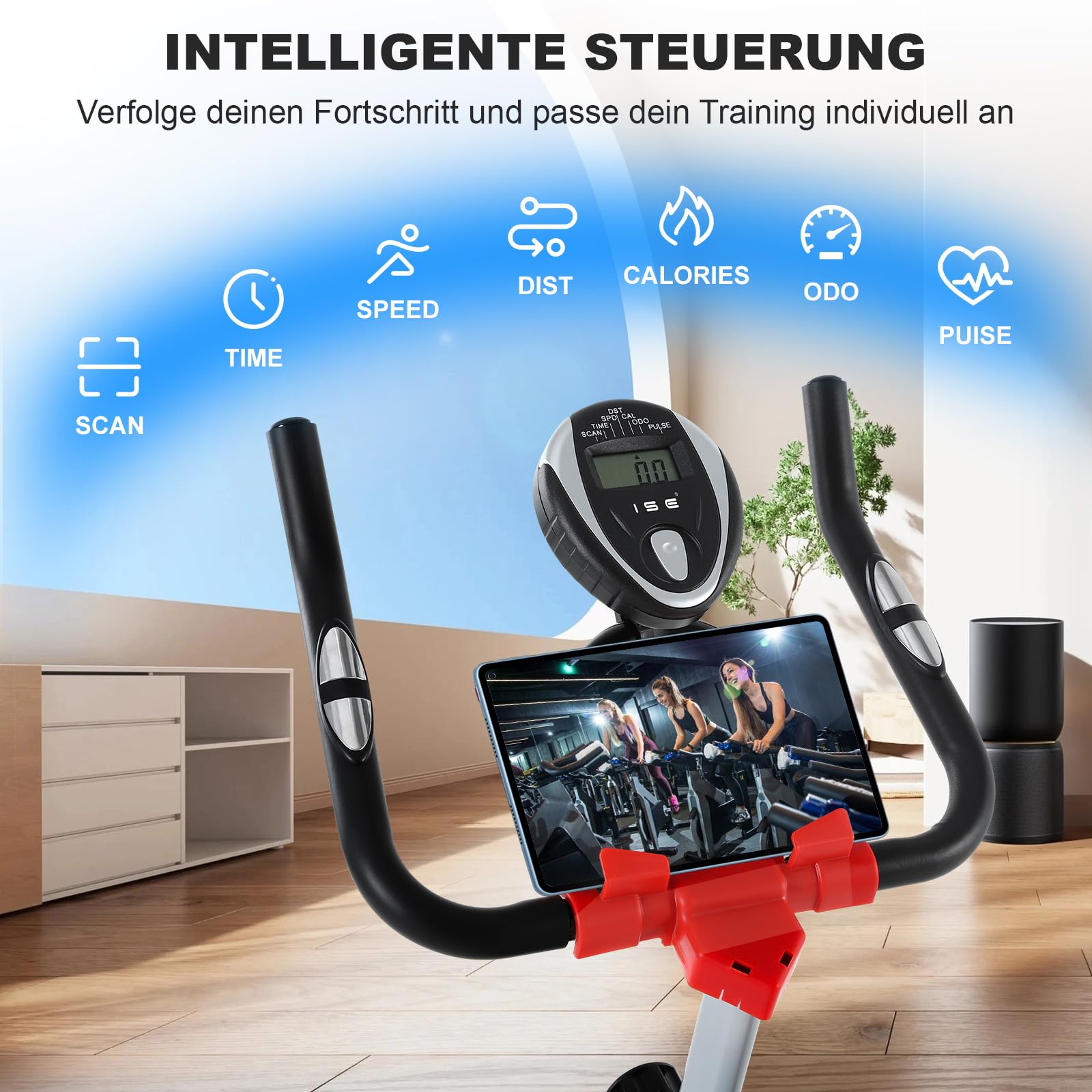 ISE Heimtrainer Fahrrad für zuhause mit LCD Display,Ergometer Fahrrad mit 8kg Schwungrad,Indoor Bike Fitnessbike Heimtrainer mit flüsterleise Riemenantrieb,Stationäres Fitnessbike für Zuhause