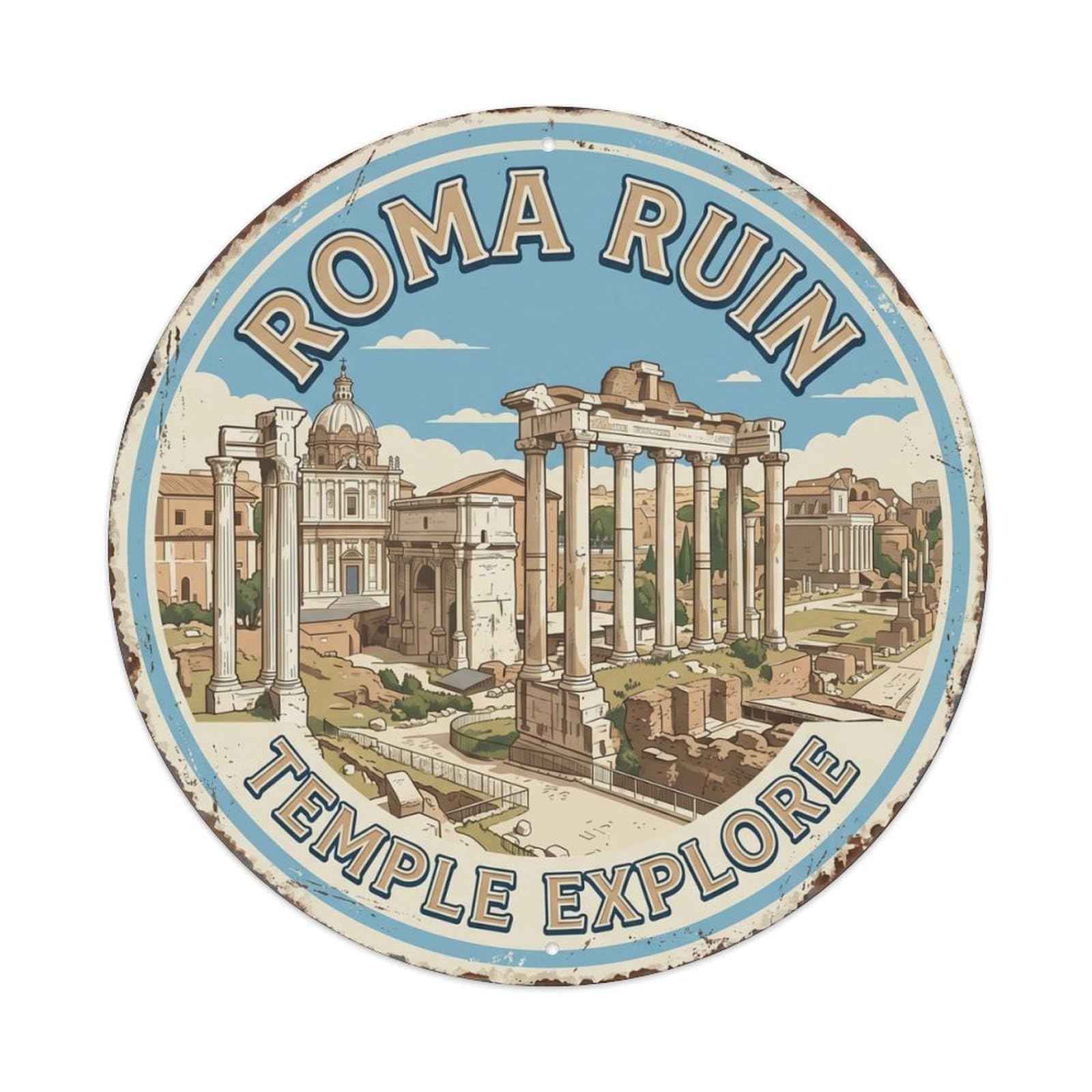Ruin Temple Explore Rome Landmark Metal Tin Sign Plaque Wall Decor for Cafe, Club Bar, Office, Home Garden Round Metal Poster 8x8Inch