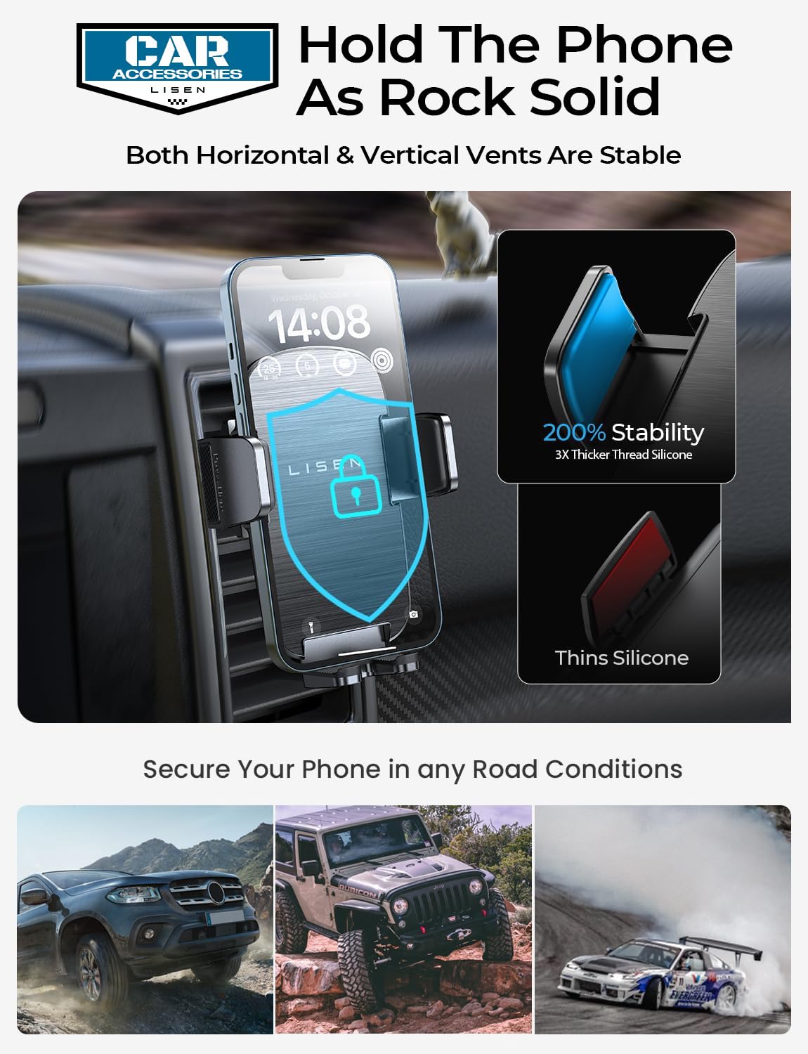 LISEN Car Phone Holder for Cars, Mobile Phone Holder Cars Air Vent, [Ultra Stable] Car Accessories Phone Mount Installation Equipment Best for iPhone 17 16 Pro Max Air Galaxy A55, All 4''-7''phones — view 2