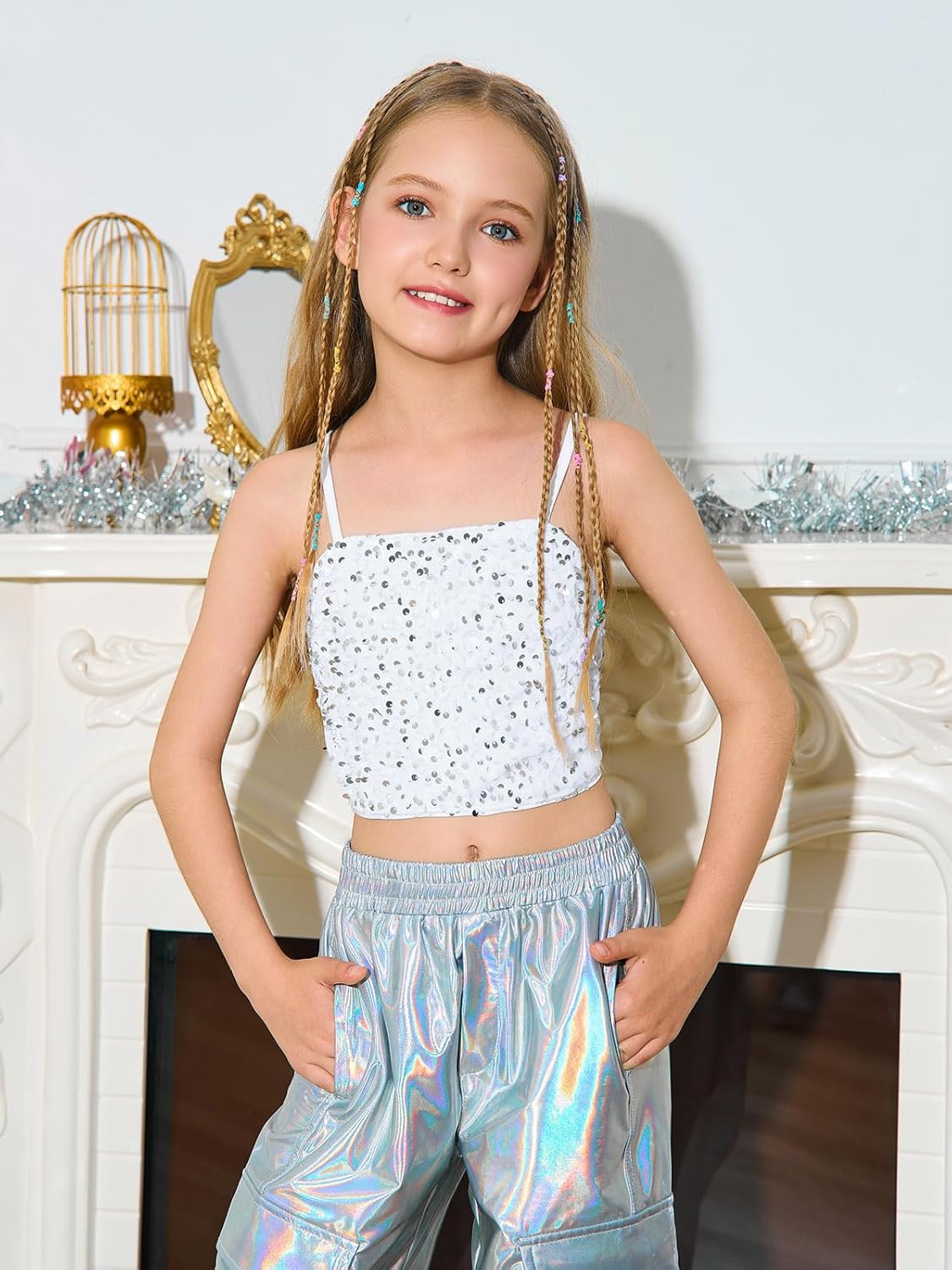 Haloumoning Girls Sequin Tank Tops Kids Sleeveless Spaghetti Strap Crop Cami Camisole Sparkly Dance Blouse 5-14 Years - Image 2