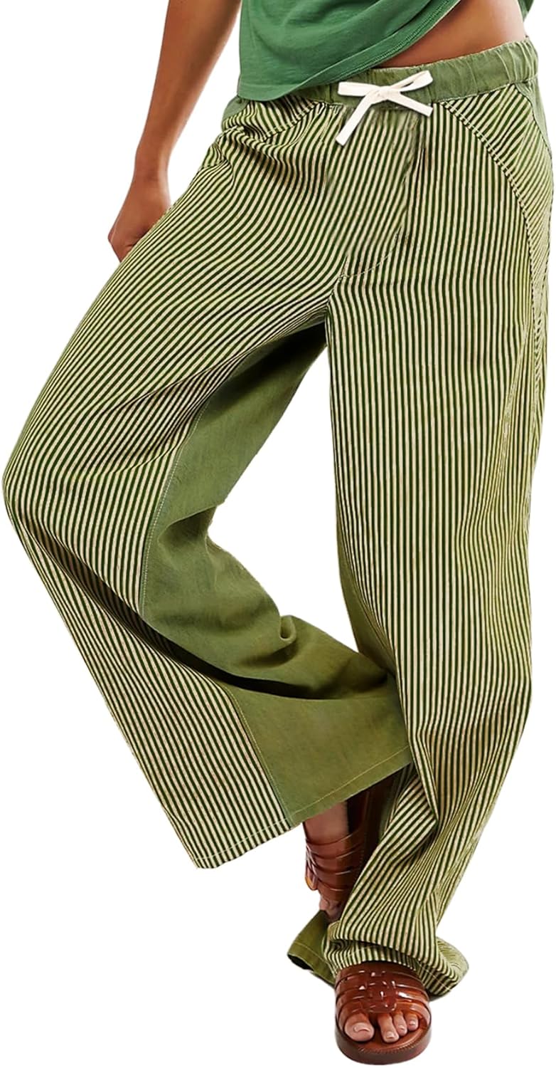 Arssm Women Y2k Striped Wide Leg Pants Baggy Drawstring Jeans Trendy Low Rise Casual Cotton Trousers