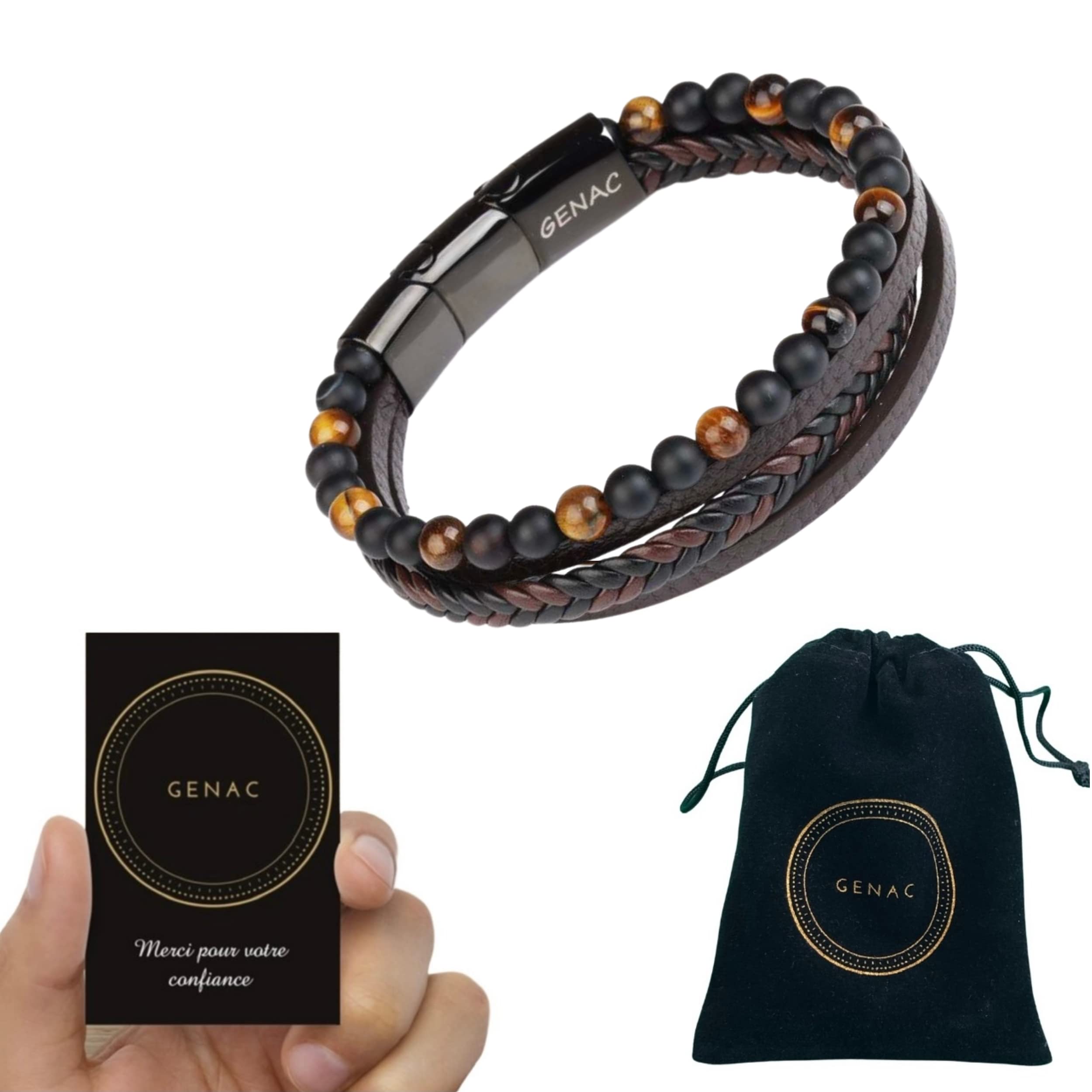 Bracelet Pour Homme En Perles De Pierres Naturelles 6mm Et Cuir Véritable Multi Tissé Avec Fermoir Magnétique Amovible En Acier Inoxydable Pour Régler Facilement La Longueur.