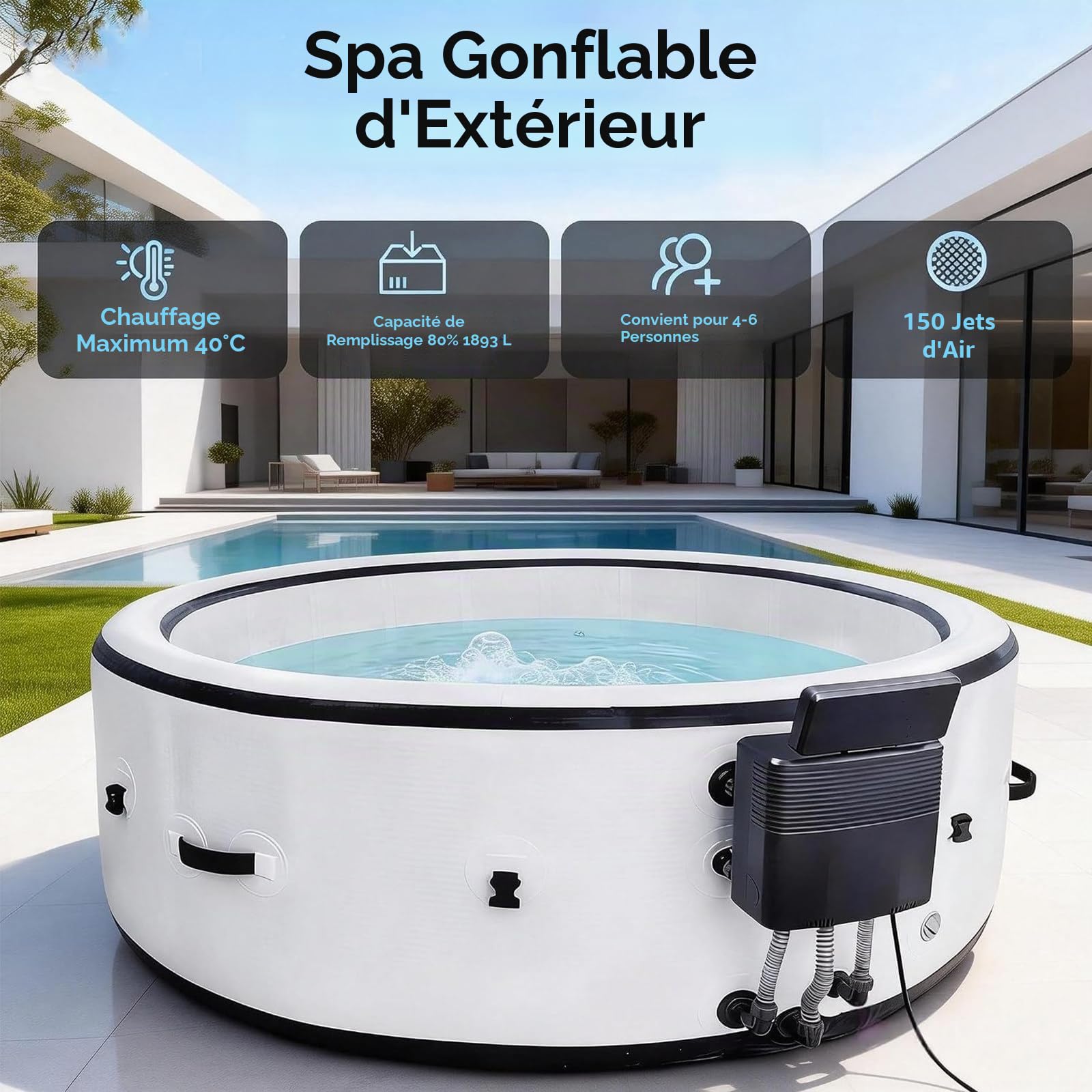 Spa Rigide 2-6 Personnes avec 150 Jets de Bulles 40℃ Chauffage Rapide Bassin de Massage en PVC Durable et Indéchirable pour Le Jardin, Le Balcon Et Le Camping 81x28in