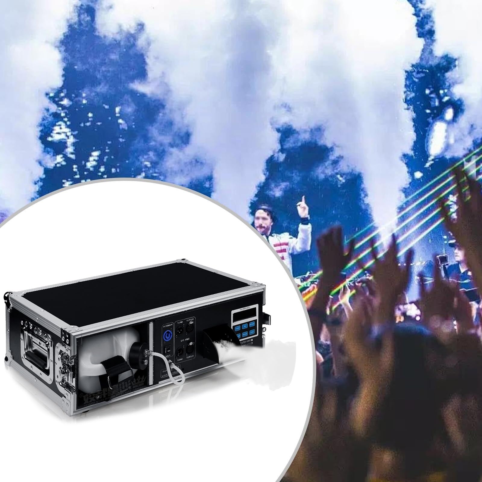Profesjonalna wytwornica dymu 1500 W, nisko zawieszona wytwornica dymu scenicznego z pilotem DMX, skrzynia transportowa, zbiornik na ciecz 3 l, regulowany wylot dymu