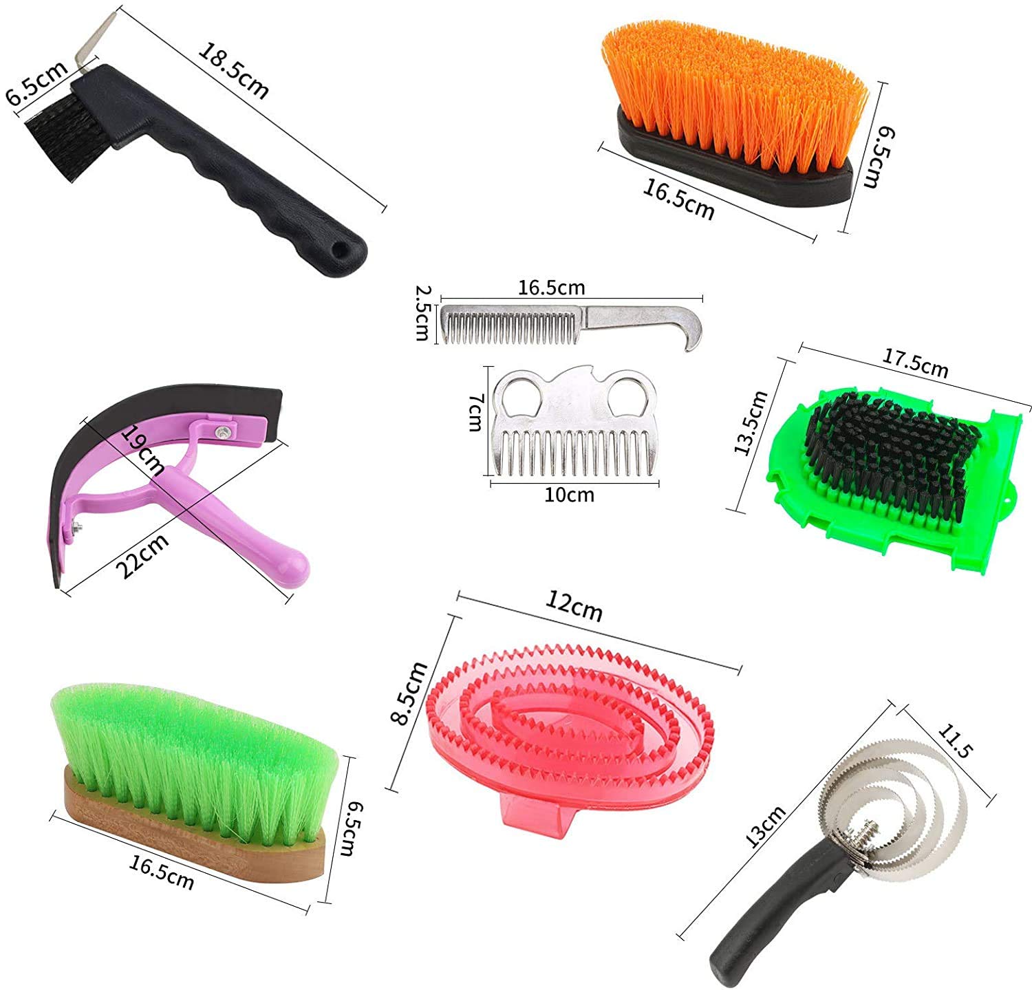 Juego de 9 Piezas para el Cuidado de la preparación del Caballo, Cepillo portátil de Equestrain, Juego de Herramientas de Limpieza para Caballos Harrow, raspador de Sudor para Caballos