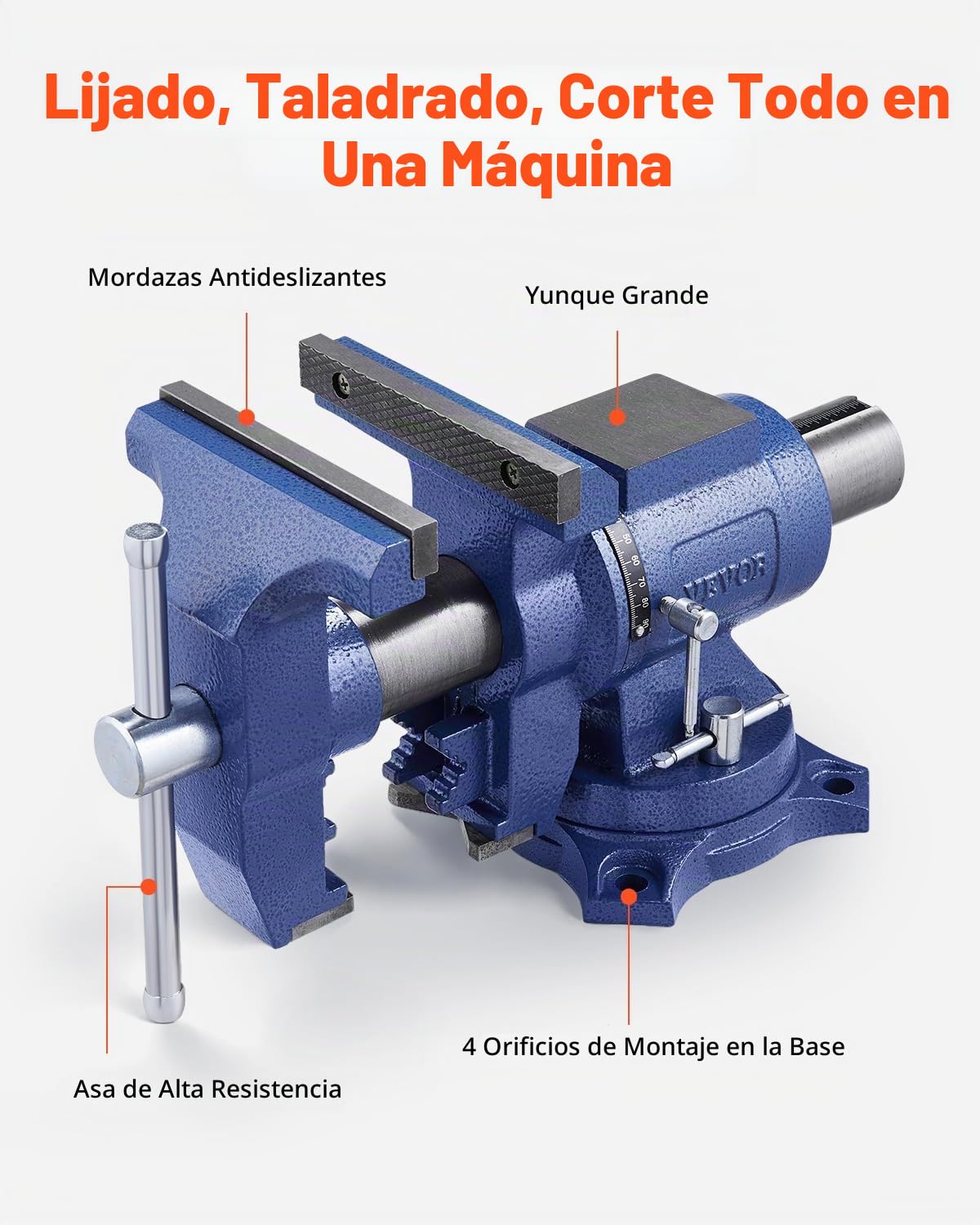 VEVOR Tornillo de Banco de Alta Resistencia con Yunque Ancho de Mordaza de 165 mm Apertura Máxima de 125 mm Cabezal de Base Giratorio de 360°, Garganta de 75 mm Fuerza de Sujeción de 24,98 kN
