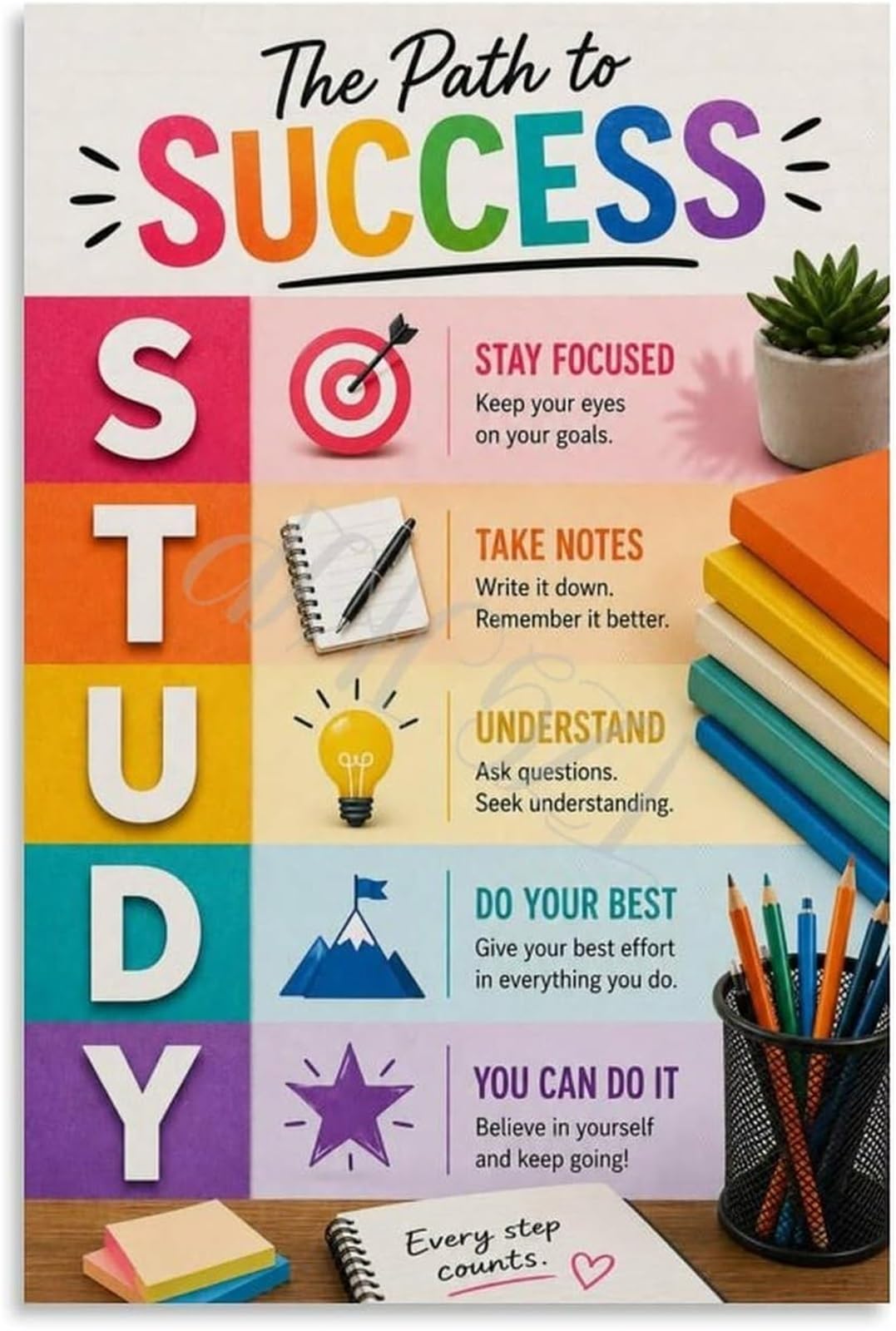 REIUAFWYGV Classroom Success Study Skills Poster School Wall-Art Canvas Print Academic Motivation Decor
