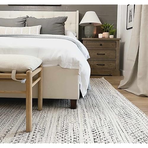 Wooly Natural Fiber Contemporary Living Room Bedroom Area Rug - Moroccan Farmhouse -%100 Wool - Handmade Handwoven Carpet - Bohemian No Pile - Black, Cream, Beige - 8' x 10'