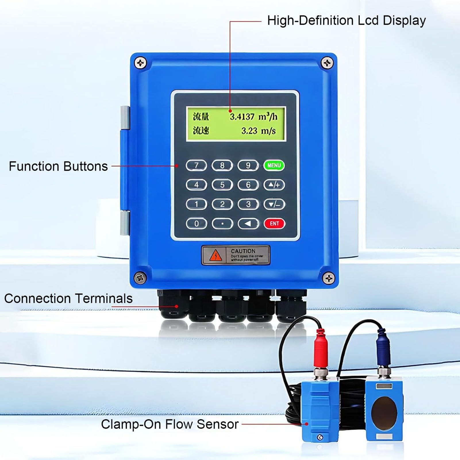 Medidor de flujo ultrasónico con pantalla LCD y sensor externo para medición de flujo de líquidos
