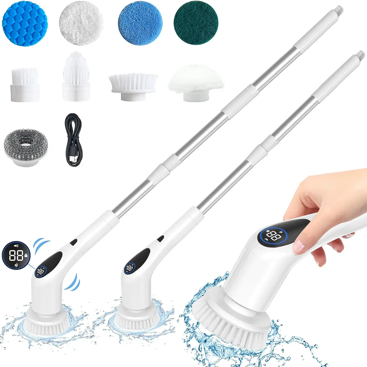 Electric Spin Scrubber, Cordless Cleaning Brush with Adjustable Extension Arm 9 Replaceable Cleaning Heads, LED Screen Voice 3 Adjustable Speeds Power Shower Scrubber for Bathroom, Tub, Tile, Floor