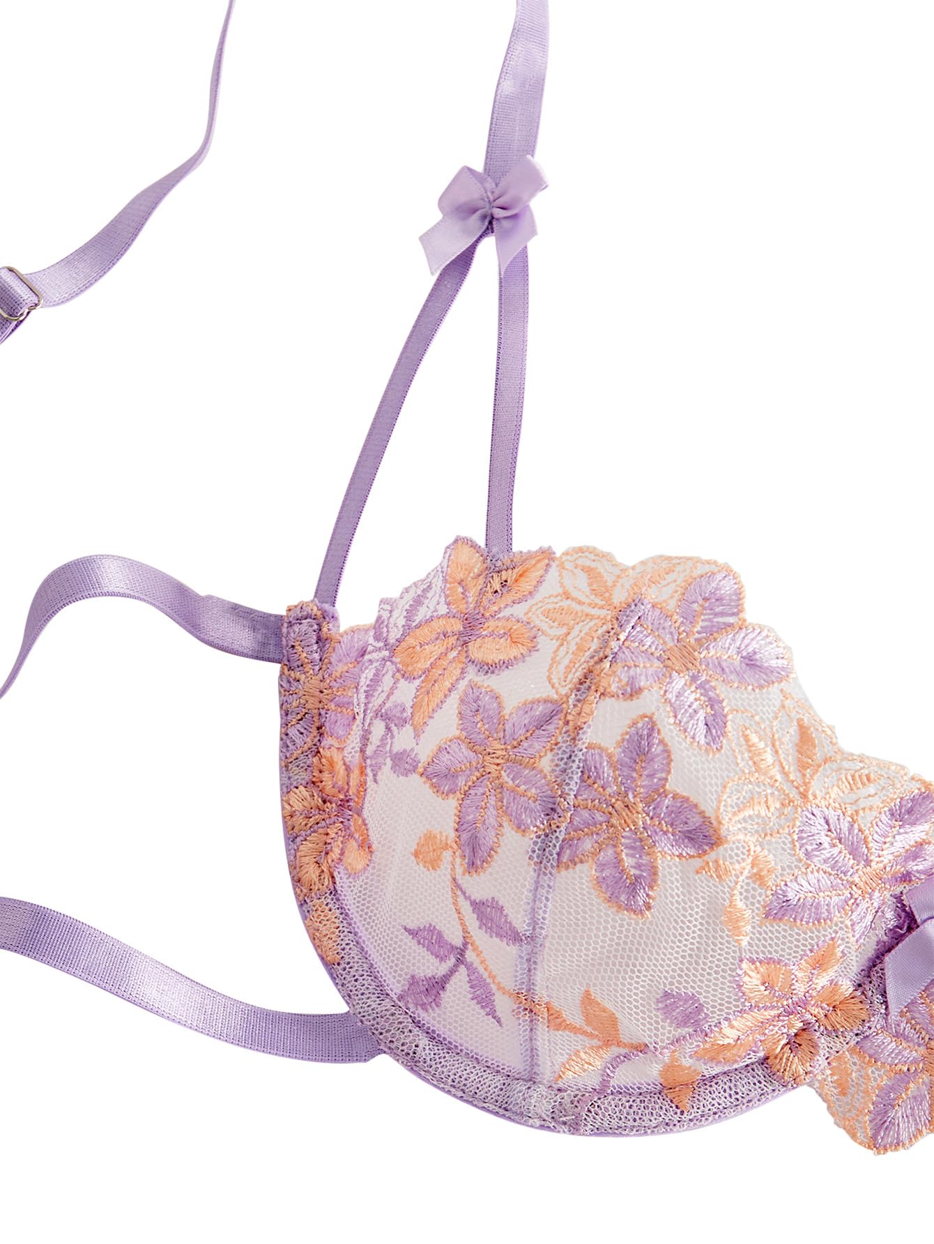 Lilosy Sexy Tie Side Cute Underwire Push Up Strappy Embroidered Mesh Sheer Lingerie Set: Bow Large Bow Flower Lavender Purple